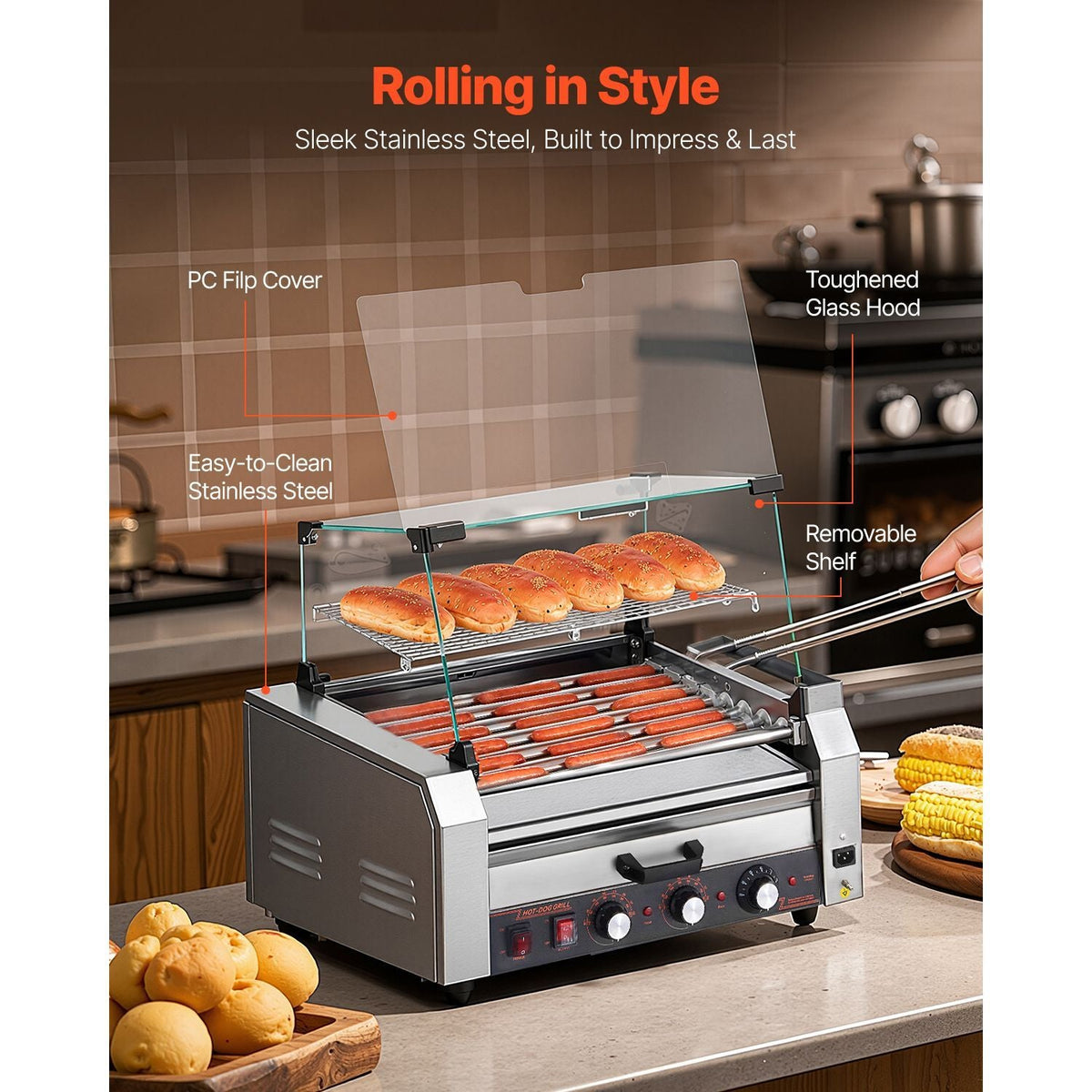 Hot Dog Roller, 18 Hot Dog 7 Rollers, Stainless Steel Sausage Grill Cooker, 1200W Hot Dog Machine with Bun Warmer, Cover, 3 Temp Control, Side Storage Box, Oil Drip Tray, for Home & Commercial