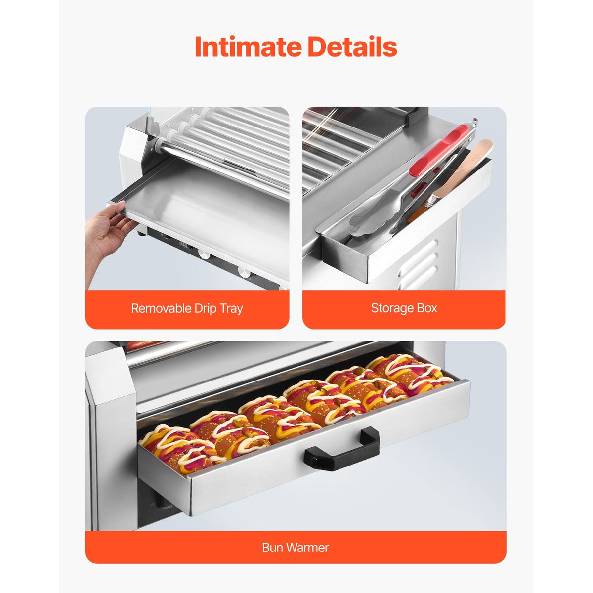 Hot Dog Roller, 18 Hot Dog 7 Rollers, Stainless Steel Sausage Grill Cooker, 1200W Hot Dog Machine with Bun Warmer, Cover, 3 Temp Control, Side Storage Box, Oil Drip Tray, for Home & Commercial