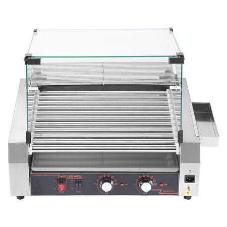 Hot Dog Roller, 30 Hot Dog 11 Rollers, Stainless Steel Sausage Grill Cooker, 1600W Commercial Hot Dog Machine with Dual Temp Control, Cover, Side Storage Box, Removable Shelf & Oil Drip Tray