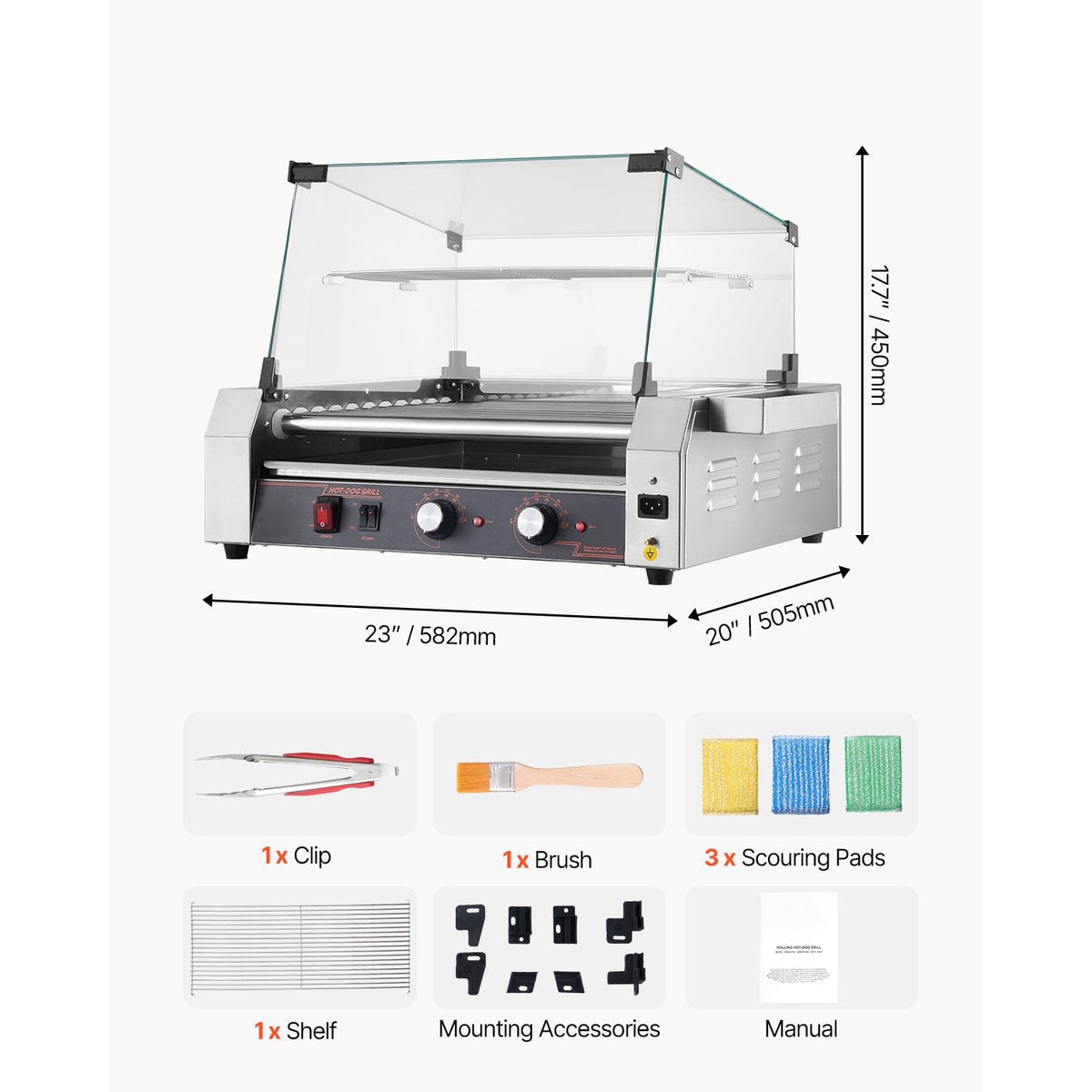 Hot Dog Roller, 30 Hot Dog 11 Rollers, Stainless Steel Sausage Grill Cooker, 1600W Commercial Hot Dog Machine with Dual Temp Control, Cover, Side Storage Box, Removable Shelf & Oil Drip Tray