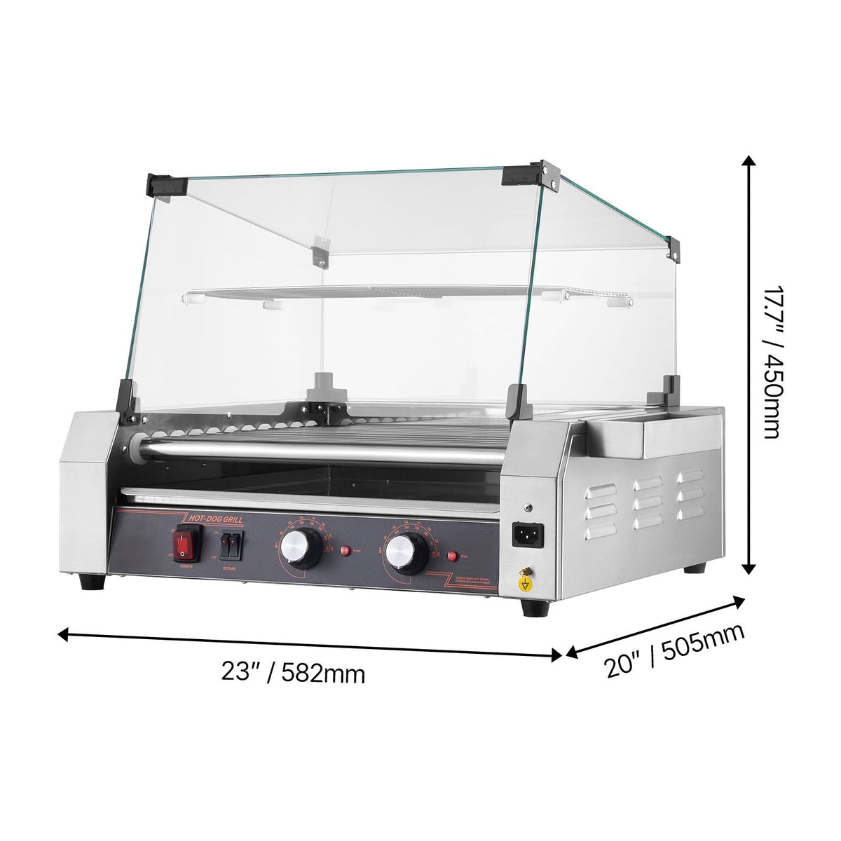 Hot Dog Roller, 30 Hot Dog 11 Rollers, Stainless Steel Sausage Grill Cooker, 1600W Commercial Hot Dog Machine with Dual Temp Control, Cover, Side Storage Box, Removable Shelf & Oil Drip Tray