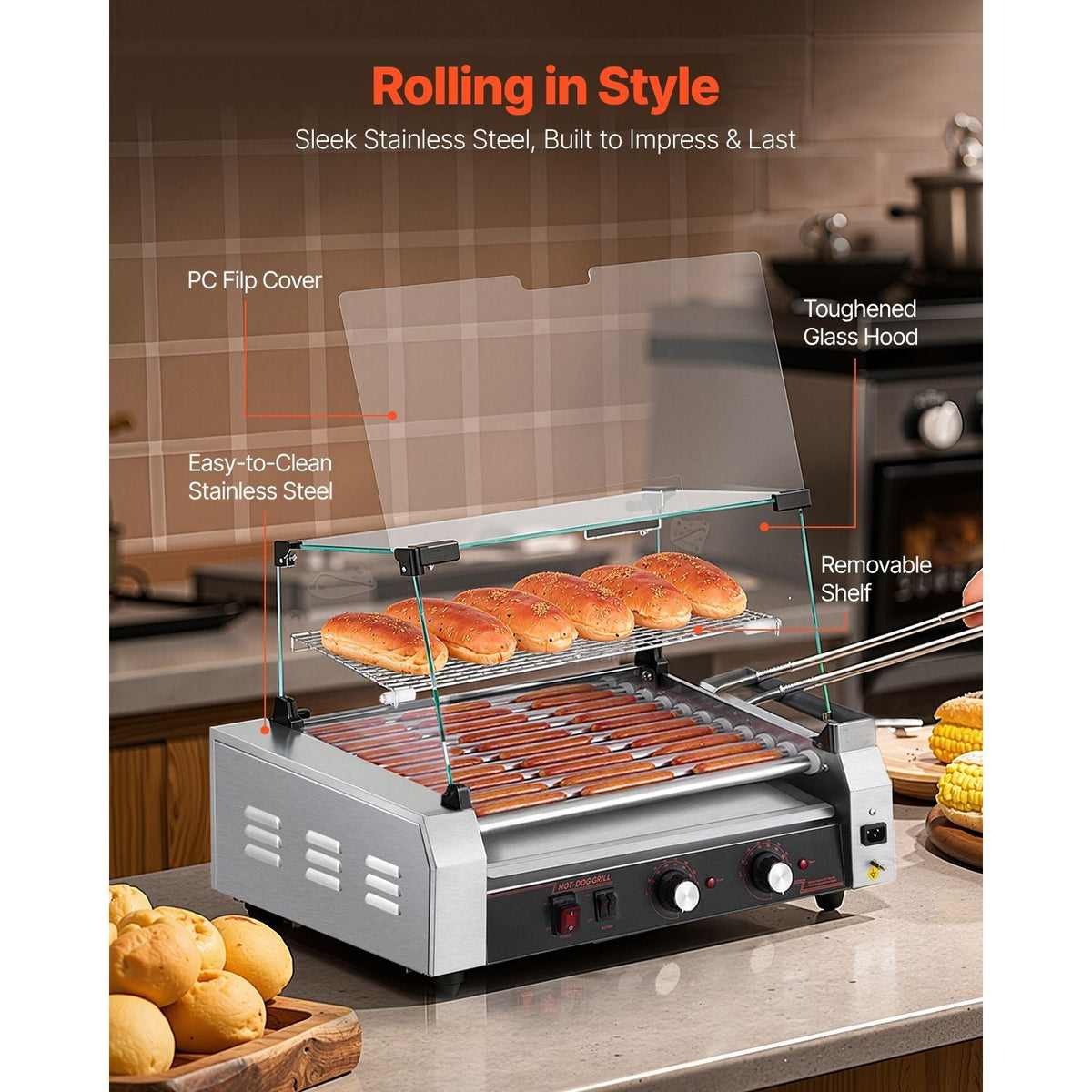 Hot Dog Roller, 30 Hot Dog 11 Rollers, Stainless Steel Sausage Grill Cooker, 1600W Commercial Hot Dog Machine with Dual Temp Control, Cover, Side Storage Box, Removable Shelf & Oil Drip Tray