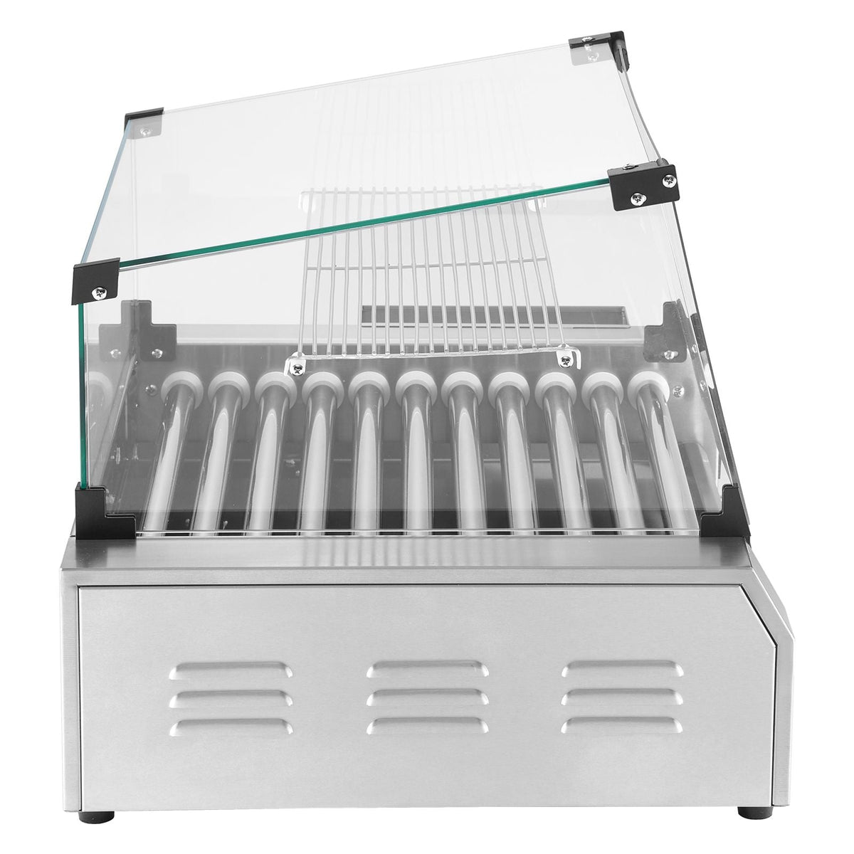 Hot Dog Roller, 30 Hot Dog 11 Rollers, Stainless Steel Sausage Grill Cooker, 1600W Commercial Hot Dog Machine with Dual Temp Control, Cover, Side Storage Box, Removable Shelf & Oil Drip Tray