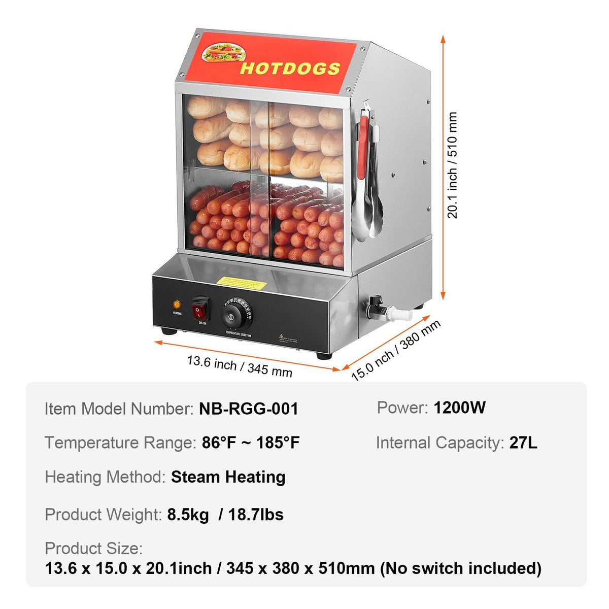 Hot Dog Steamer, 28.5QT, 2-Tier Hot Dog Hut Steamer, 86-185 F Temp Control, Electric Bun Warmer with Tempered Glass Slide Doors Partition Plate Tong, Stainless Steel, for Hot Dogs & Buns