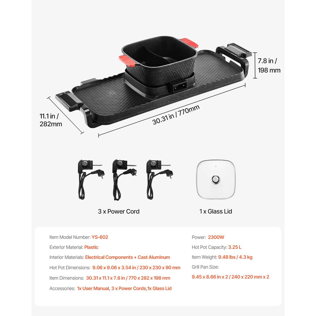 Hot Pot with Grill, 2300W 2-in-1 Electric Smokeless Grill and Hot Pot, Removable Shabu-shabu Hotpot with Non-stick Pan, Separate Dual Temperature Control, Indoor Korean BBQ for 1-6 People