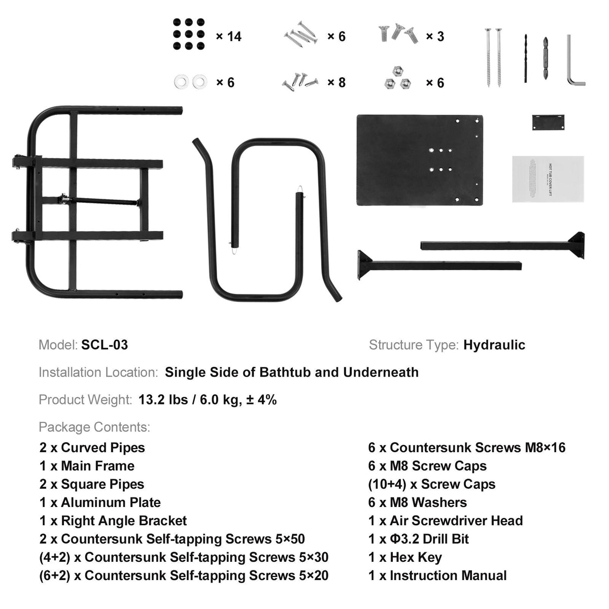 Hot Tub Cover Lift, Spa Cover Lift, Hydraulic, Height 33.1" - 41.3" Width 53.1" - 92.5" Adjustable, Installed Underneath on one Sides, Suitable for Various Sizes of Hot Tubs, Spa