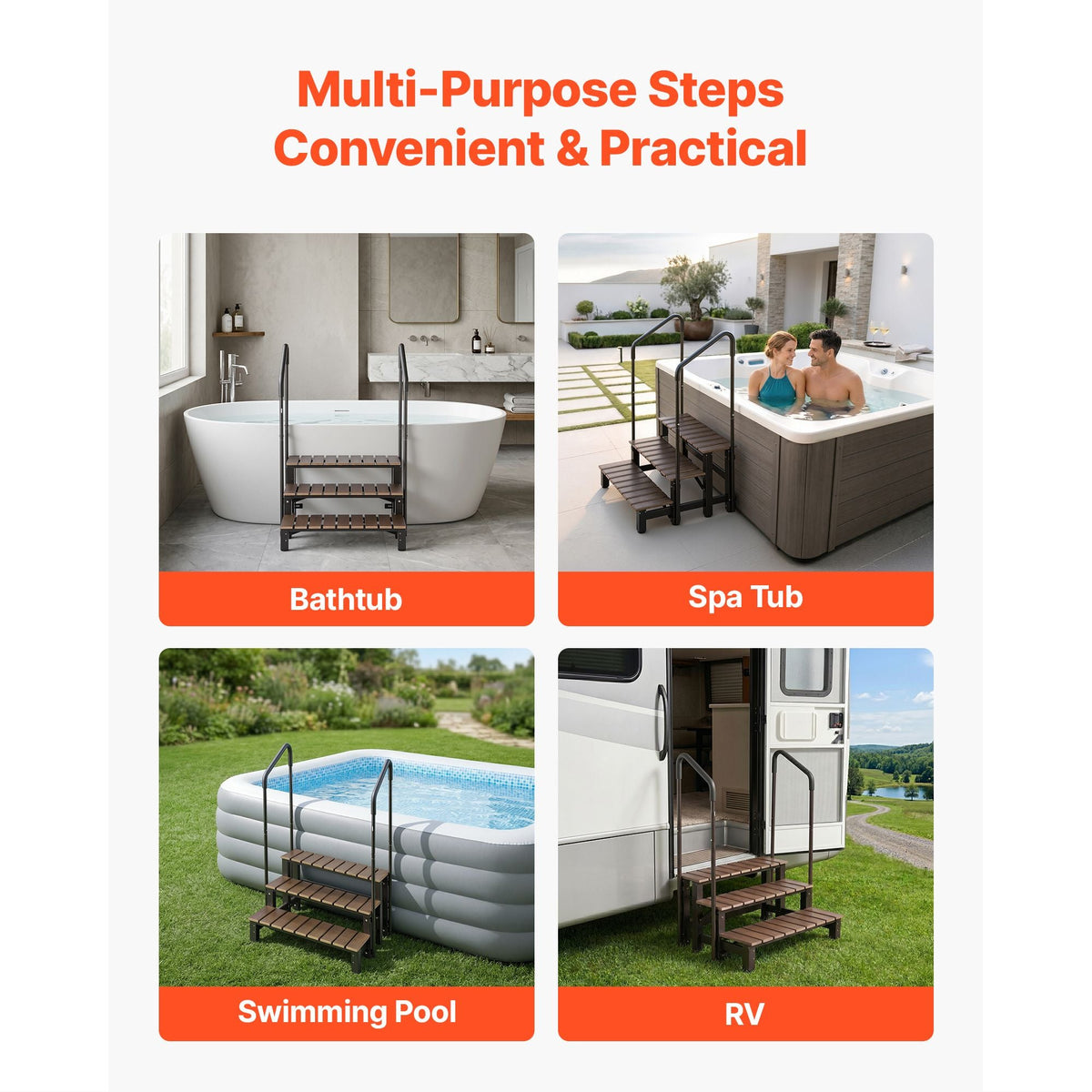 Hot Tub Steps with Handrail 3-Step Spa Outdoor Stairs 550lbs Capacity, 32.3in Wide Step, Steel & Plastic, Easy Assembly, Non-Slip Step Ladder for Above-Ground/Inflatable Pool, RV,Patio,Deck