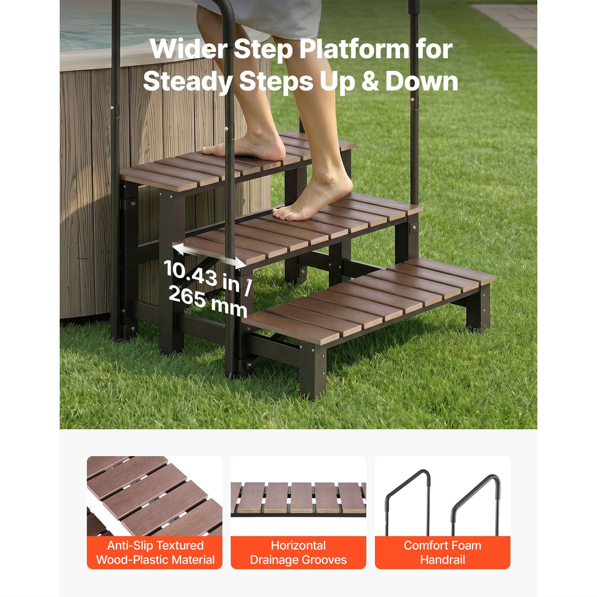 Hot Tub Steps with Handrail 3-Step Spa Outdoor Stairs 550lbs Capacity, 32.3in Wide Step, Steel & Plastic, Easy Assembly, Non-Slip Step Ladder for Above-Ground/Inflatable Pool, RV,Patio,Deck