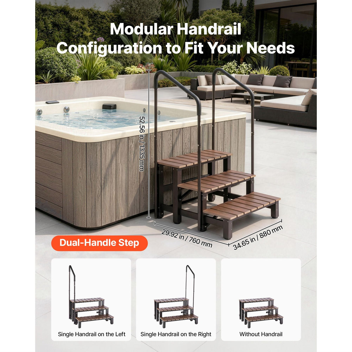 Hot Tub Steps with Handrail 3-Step Spa Outdoor Stairs 550lbs Capacity, 32.3in Wide Step, Steel & Plastic, Easy Assembly, Non-Slip Step Ladder for Above-Ground/Inflatable Pool, RV,Patio,Deck
