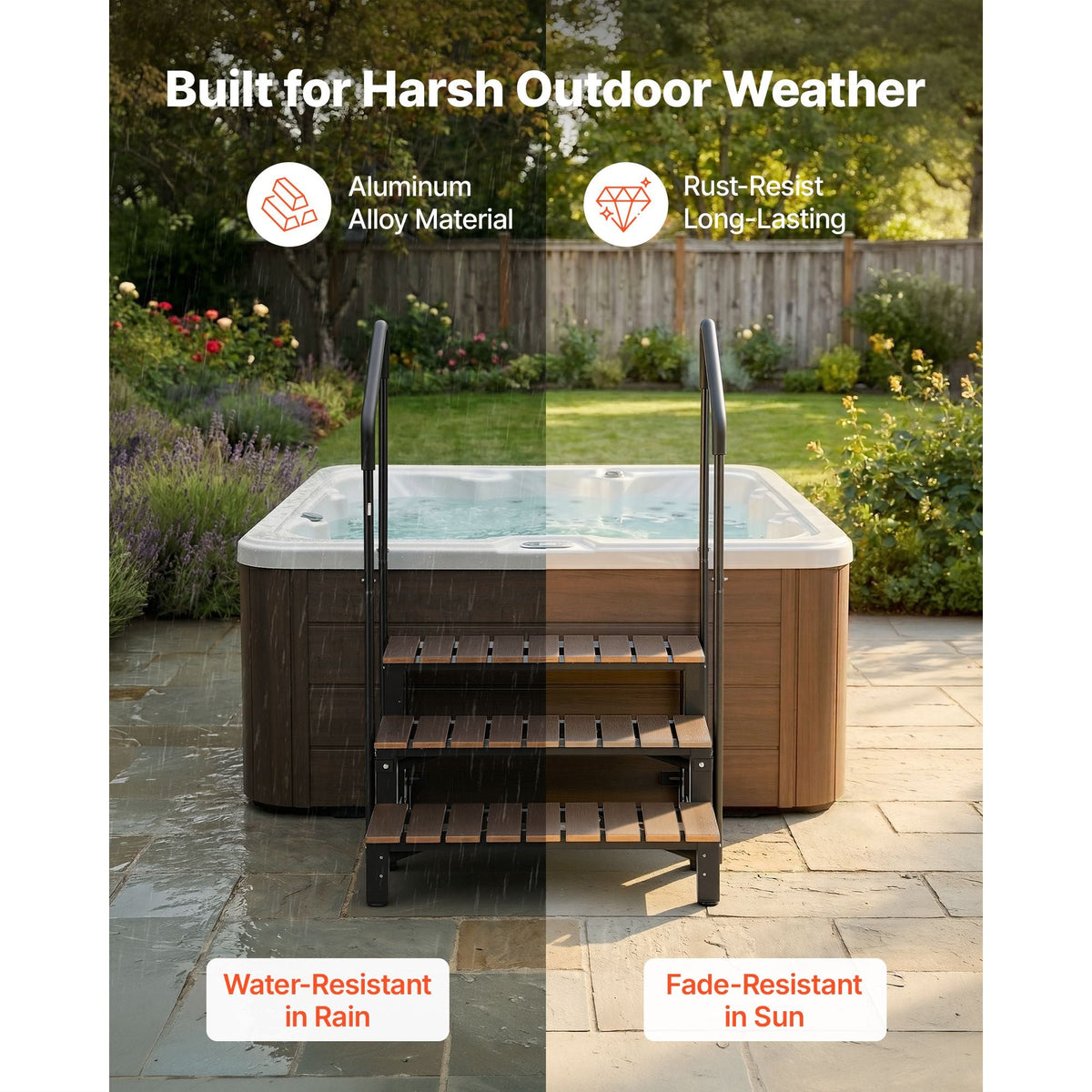Hot Tub Steps with Handrail 3-Step Spa Outdoor Stairs 550lbs Capacity, 32.3in Wide Step, Steel & Plastic, Easy Assembly, Non-Slip Step Ladder for Above-Ground/Inflatable Pool, RV,Patio,Deck
