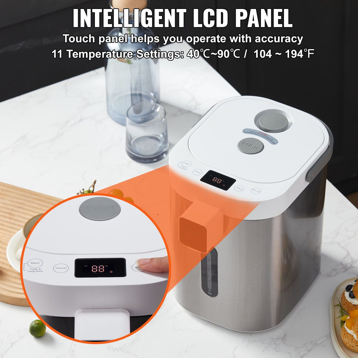 Hot Water Dispenser, Adjustable 11 Temperatures Water Boiler and Warmer, 304 Stainless Steel Countertop Water Heater, with LCD and Child Lock, for Tea, Coffee and Baby Formula, 3L/102 oz