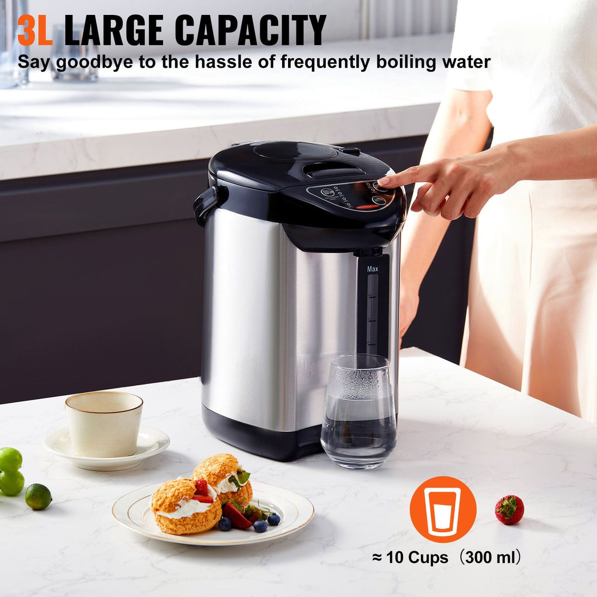 Hot Water Dispenser, Adjustable 4 Temperatures Water Boiler and Warmer, 304 Stainless Steel Countertop Water Heater, 3-Way Dispense for Tea, Coffee and Baby Formula, 3L/102 oz