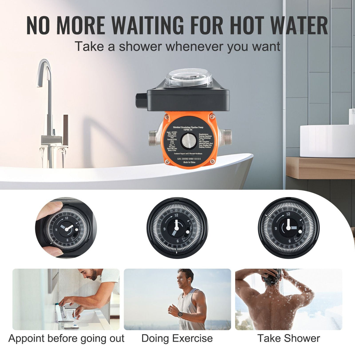 Hot Water Recirculating Pump, 100W Water Circulator Pump, Auto Start/Close Ultra-silent Stainless Steel Head Circulation, for Electric Water Heater System/Facuet/Showerhead Circulation
