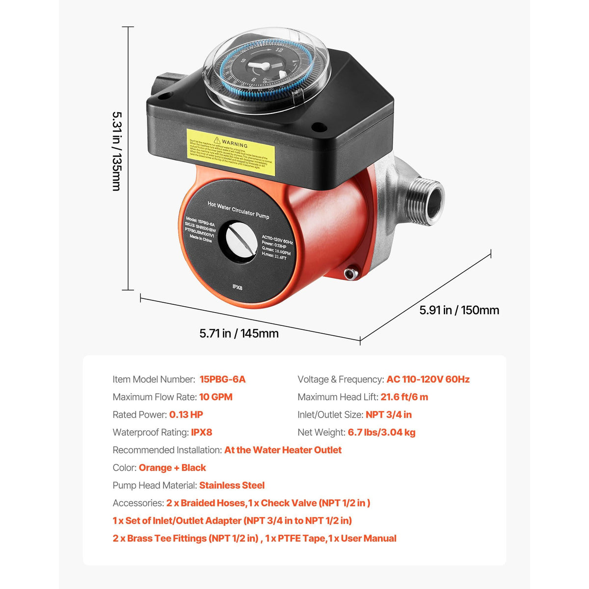 Hot Water Recirculating Pump, with Bypass Valve, Instant Recirculation Pump Kit with Timer, Adapter, Circulation Circulator System, Stainless Steel Head, 0.13 HP 110-120V, for Tank Water Heaters