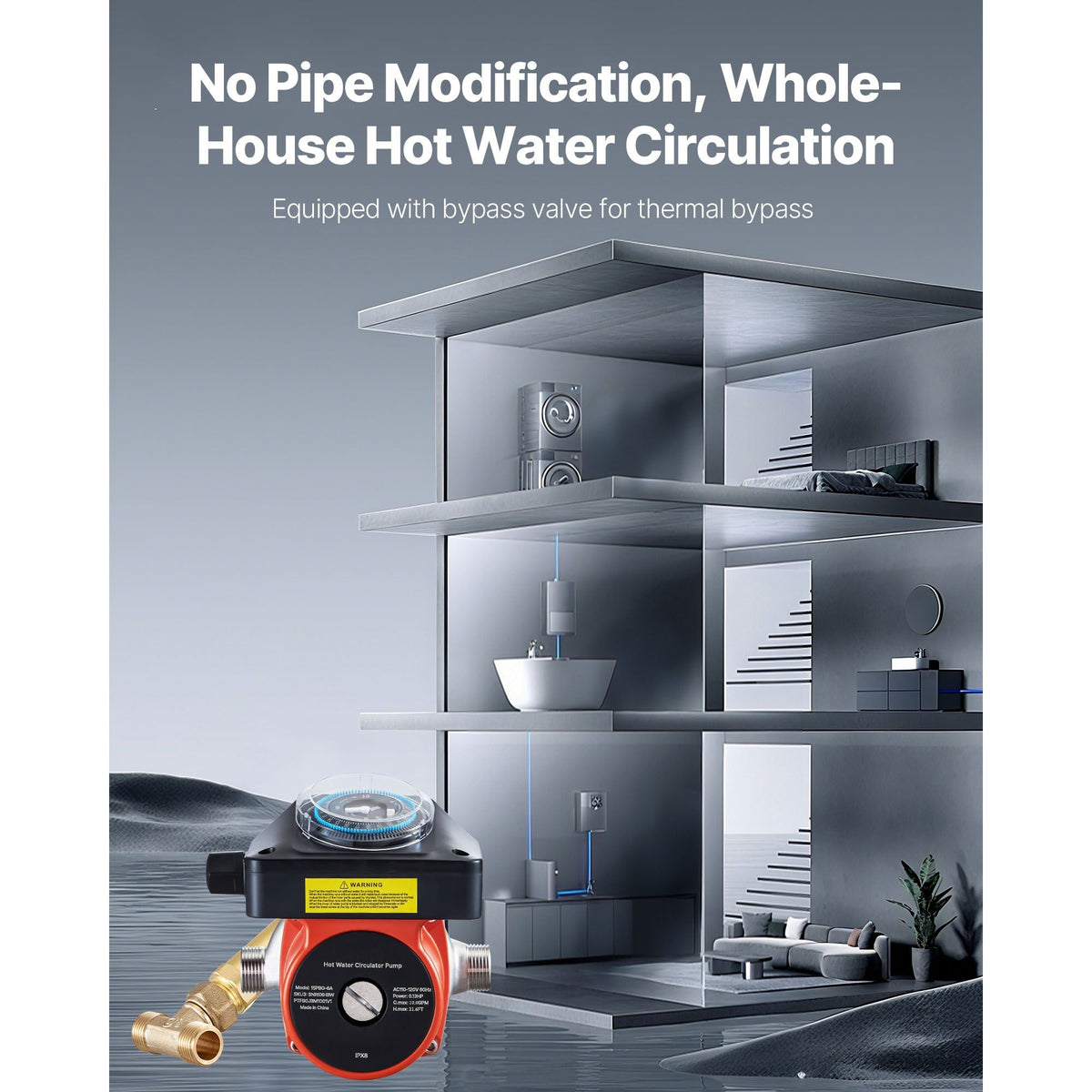 Hot Water Recirculating Pump, with Bypass Valve, Instant Recirculation Pump Kit with Timer, Adapter, Circulation Circulator System, Stainless Steel Head, 0.13 HP 110-120V, for Tank Water Heaters