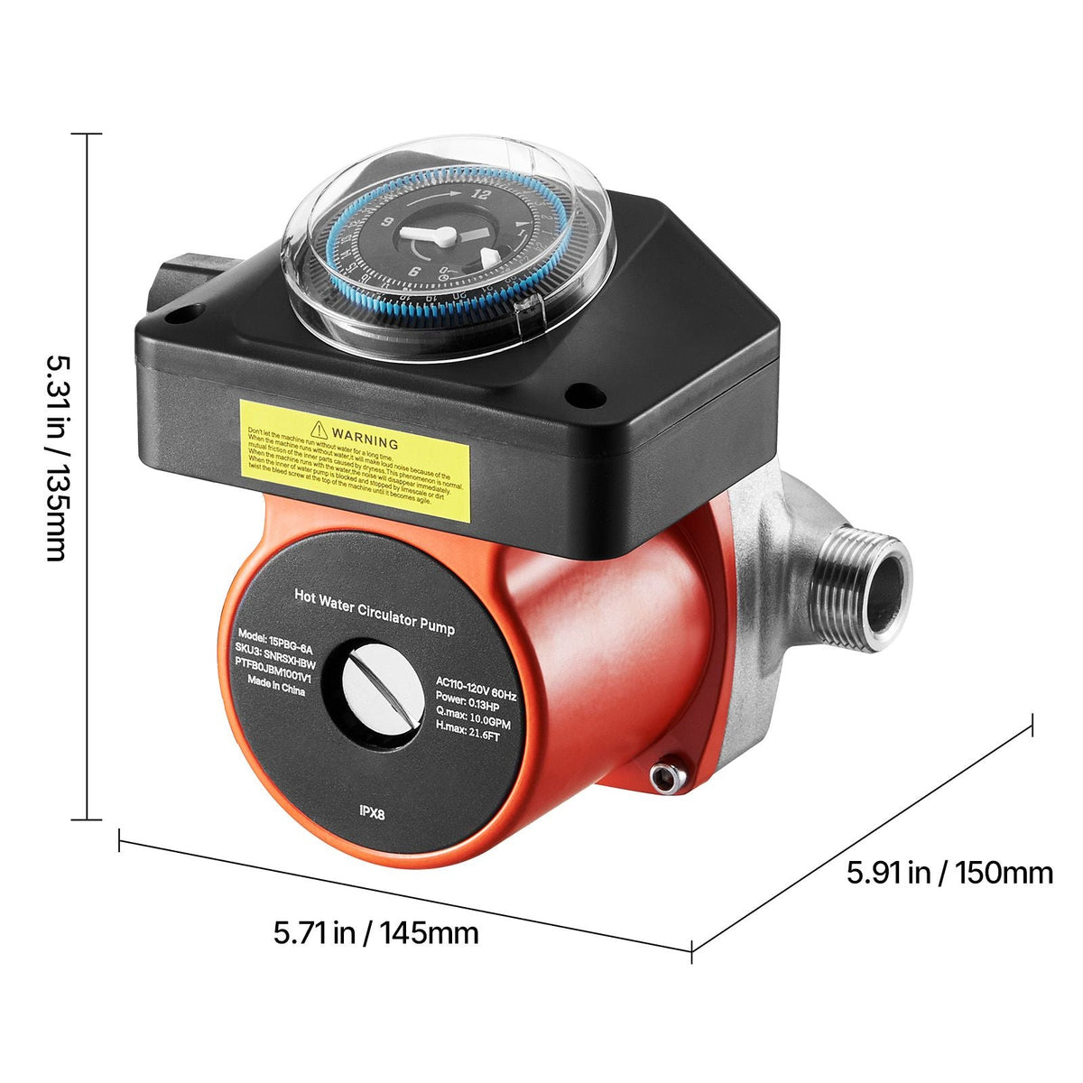 Hot Water Recirculating Pump, with Bypass Valve, Instant Recirculation Pump Kit with Timer, Adapter, Circulation Circulator System, Stainless Steel Head, 0.13 HP 110-120V, for Tank Water Heaters