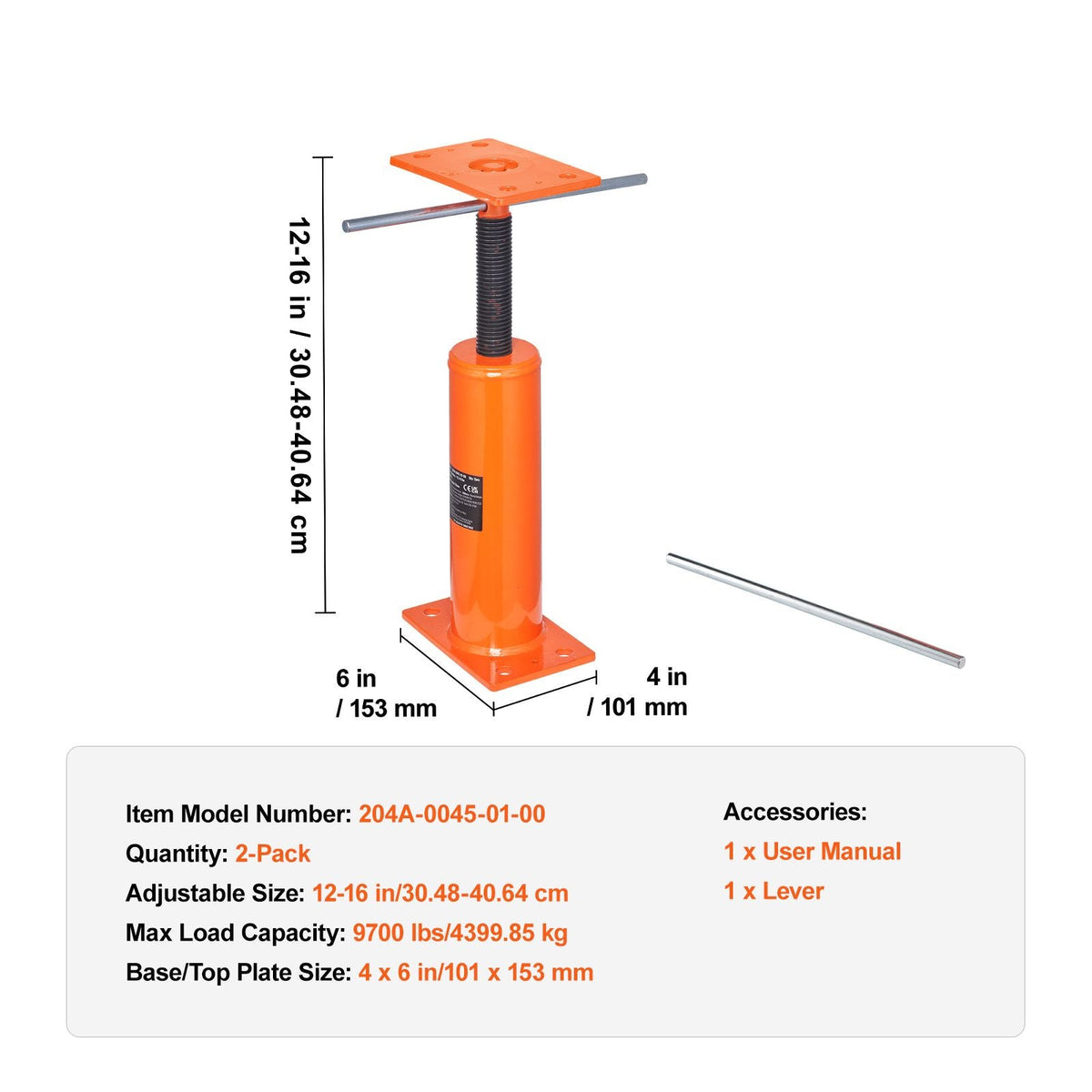 House Floor Jacks, 2 Pack, 12"-16" Height Range, 9700 lbs Max Load Capacity Per Unit, Adjustable Support Beam Basement Jack Post Pole for Leveling, Steel Telescoping Jack for Temporary Support