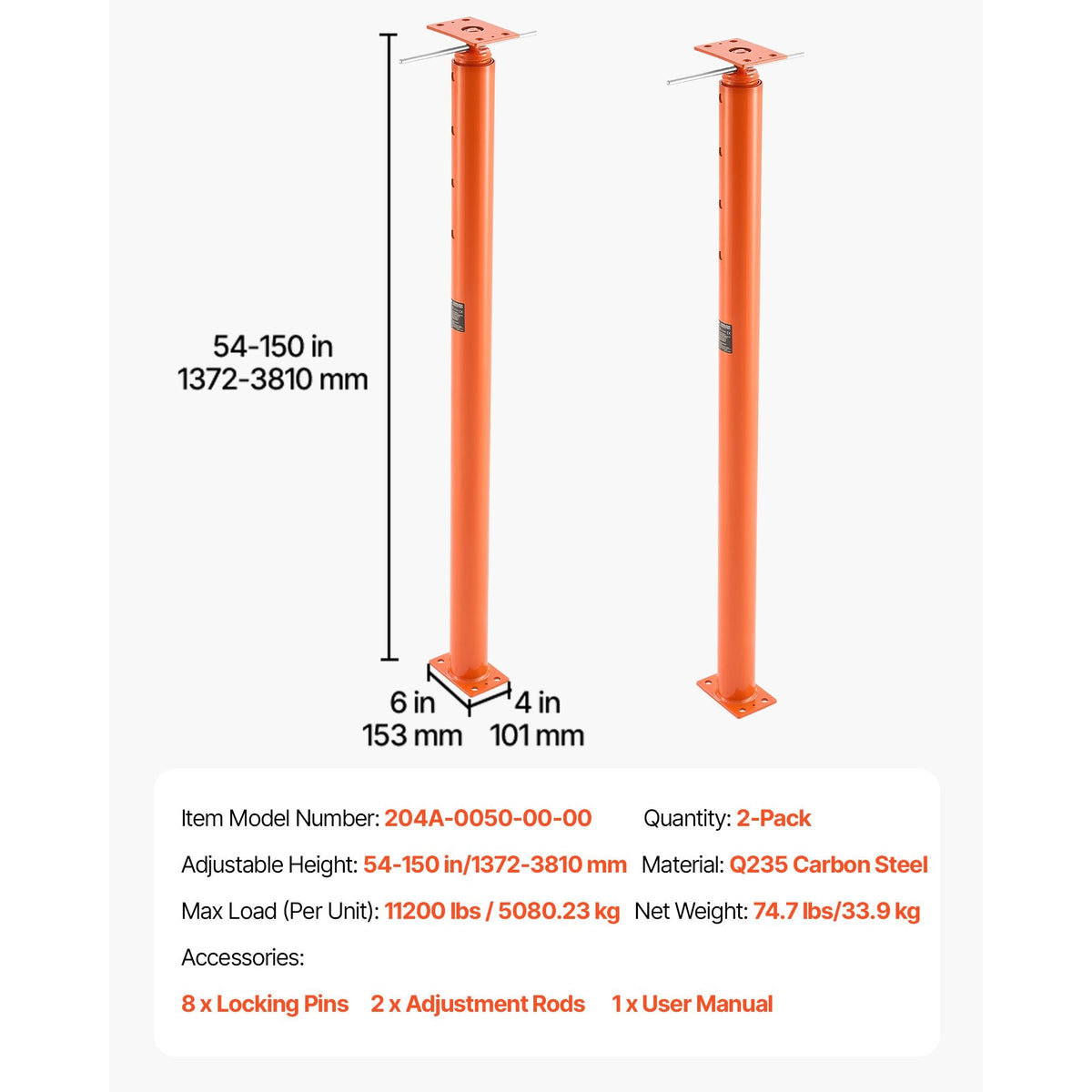 House Floor Jacks, 2 Pack 54-150 Inch Height Range, 11200 lbs Max Load Capacity, Adjustable Support Beam Basement Jack Post Pole for Leveling, Lift Steel Telescoping Post for Temporary Support