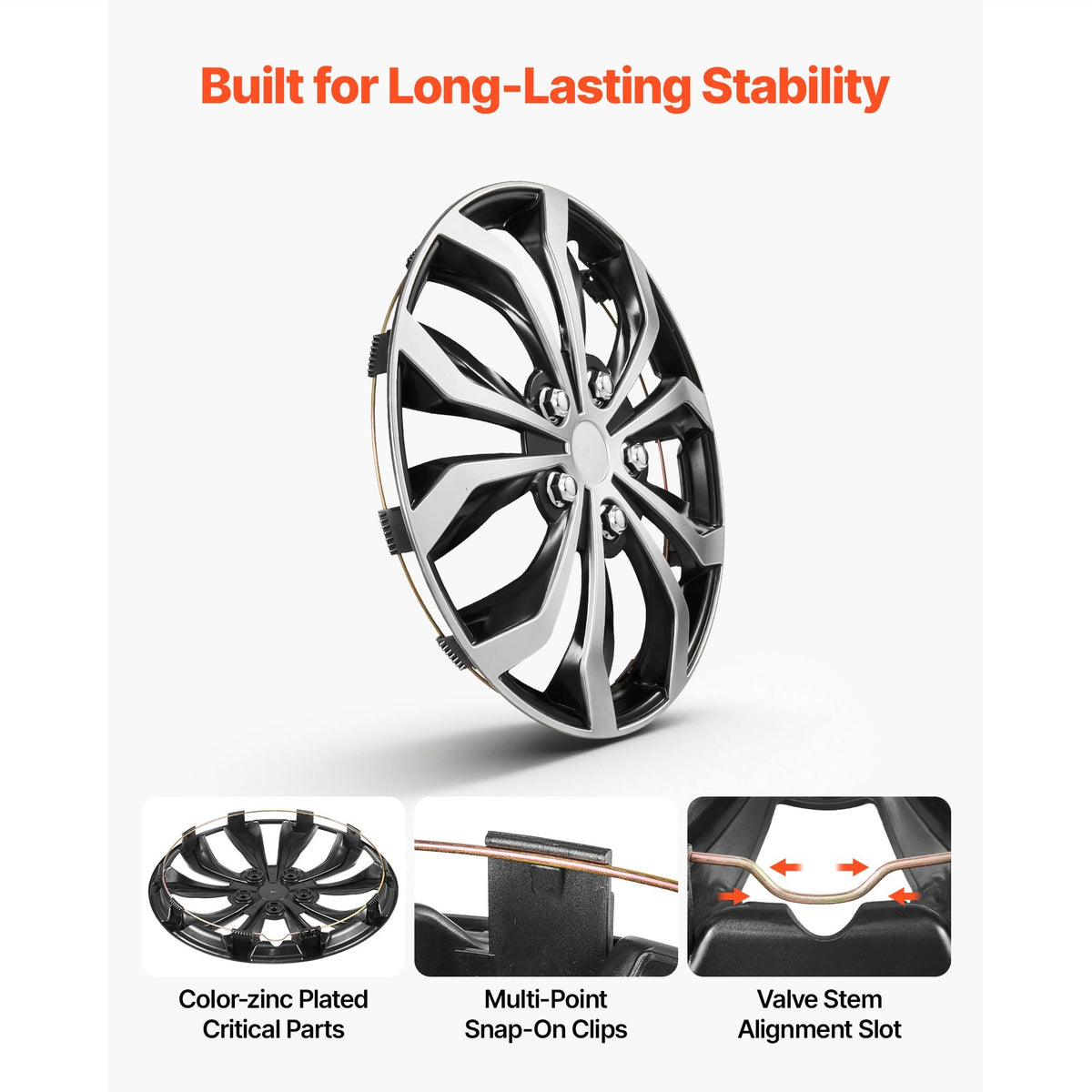 Hubcaps Wheel Covers, 15 Inch Set of 4 Wheel Rim Cover Hubcaps OEM Replacement, R15 Size Snap On Car Hub Caps, Universal 10-Spoke ABS Tire Rim Caps for Hyundai Chevrolet Ford Honda, Silver/Black