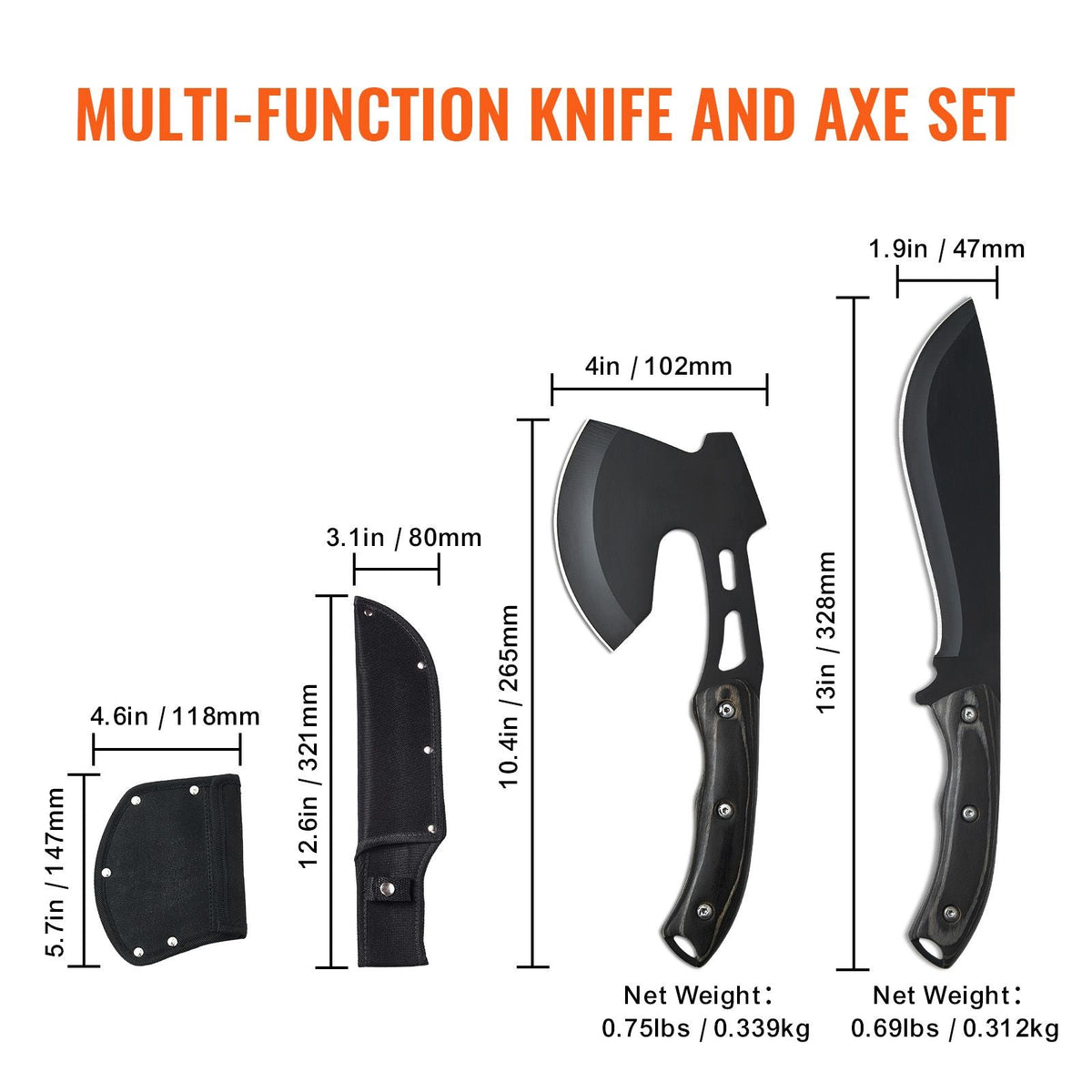 Hunting Knife and Hatchet Axe Combo Set with Sheath, Fixed Blade Tactical Knife and Camping Axe, Stainless Steel Survival Knife and Camping Hatchet for Outdoor Survival Hunting Camping Adventure