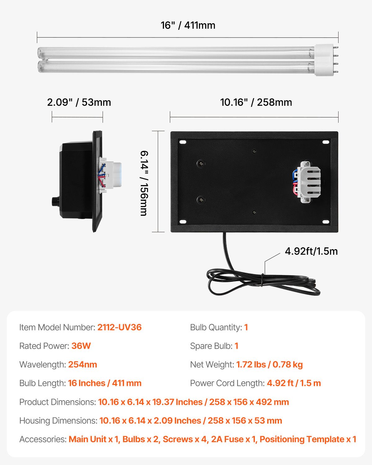 HVAC Air Purifier Whole House, 36W 16inch, UV UVC Light in Duct for Ac (Air Conditioning) Duct, Air Scrubber with 1 Replacement Bulb, HVAC UV lights for Ac Systems