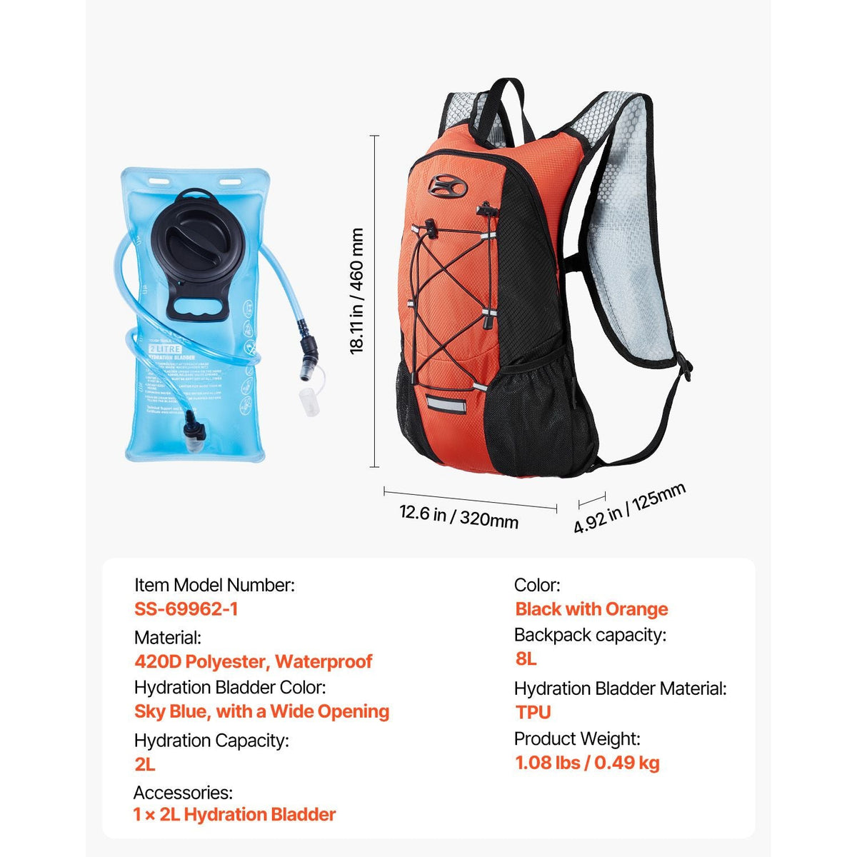 Hydration Backpack with 2L TPU Water Bladder, Hydration Pack Backpack, Lightweight Hiking Water Backpack for Men Women, Hydro Water Daypack for Hiking, Running, Cycling, Camping & Rave