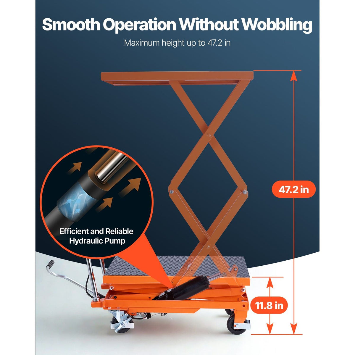 Hydraulic Lift Table, 500 lbs Capacity, 47.2" Lifting Height, Double Scissor Lift Table Cart with 4 Wheels and Non-slip Pad, Manual Hydraulic Lifting Cart for Material Handling & Transportation