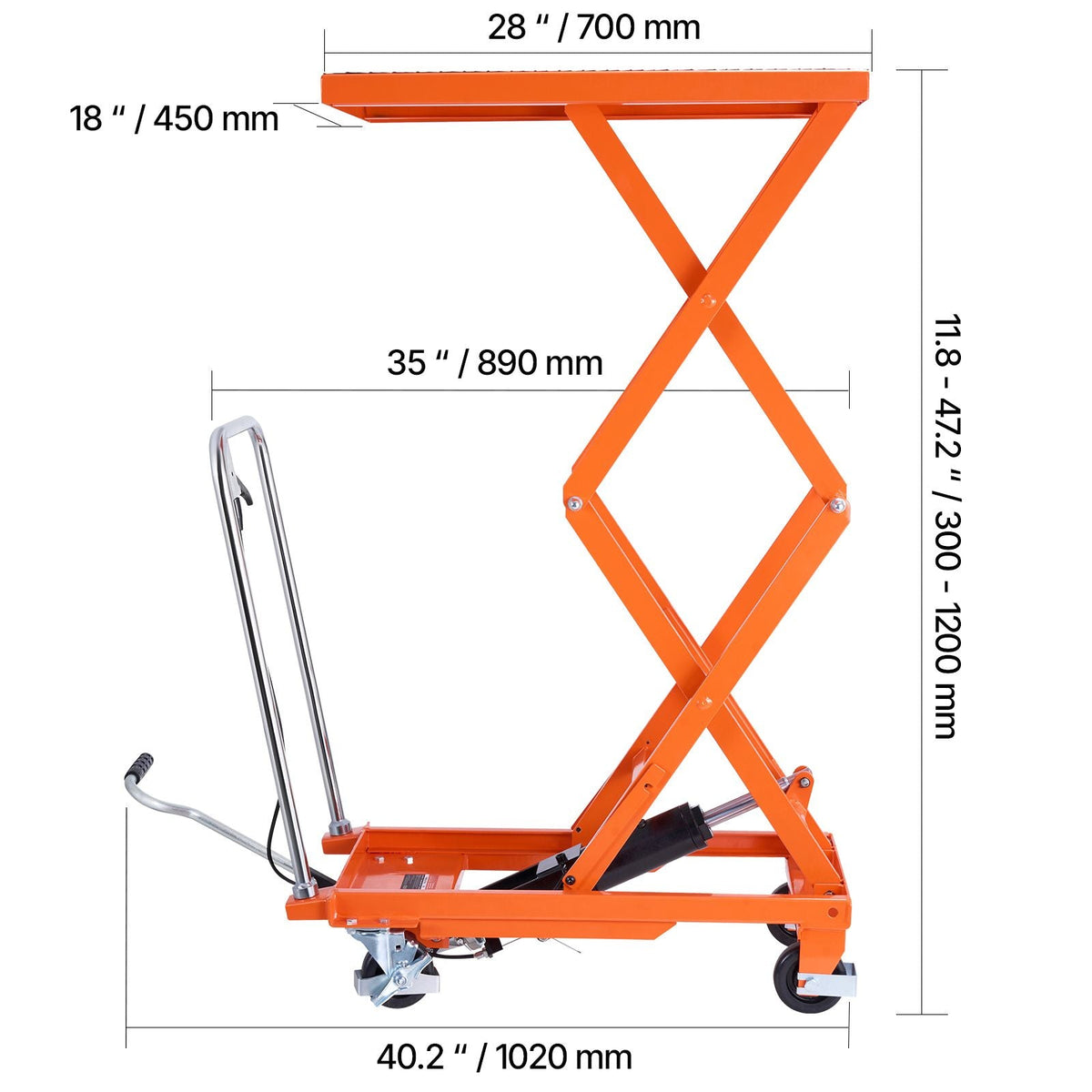 Hydraulic Lift Table, 500 lbs Capacity, 47.2" Lifting Height, Double Scissor Lift Table Cart with 4 Wheels and Non-slip Pad, Manual Hydraulic Lifting Cart for Material Handling & Transportation