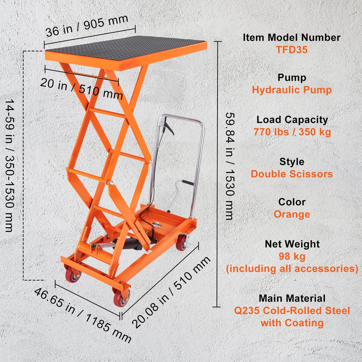 Hydraulic Lift Table Cart, 770lbs Capacity 59" Lifting Height, Manual Double Scissor Lift Table with 4 Wheels and Non-slip Pad, Hydraulic Scissor Cart for Material Handling and Transportation