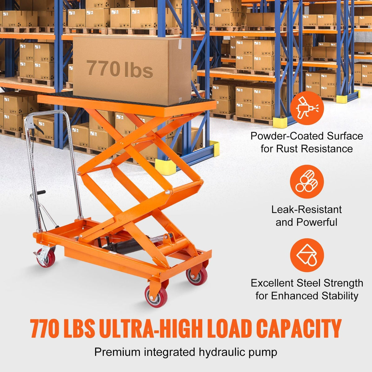 Hydraulic Lift Table Cart, 770lbs Capacity 59" Lifting Height, Manual Double Scissor Lift Table with 4 Wheels and Non-slip Pad, Hydraulic Scissor Cart for Material Handling and Transportation