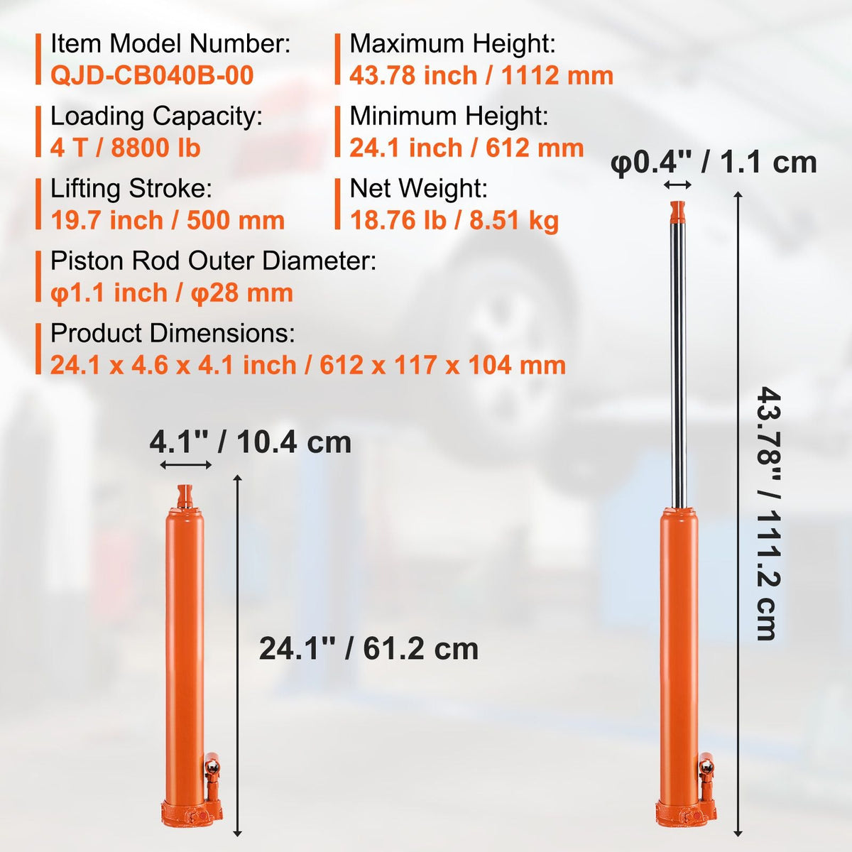 Hydraulic Long Ram Jack, 4 Ton Engine Hoist Cylinder with Single Piston Pump And Flat Base, Hydraulic Ram Cylinder for Engine Lift Hoists, Hydraulic Garage/Shop Cranes, Mechanical, Farm