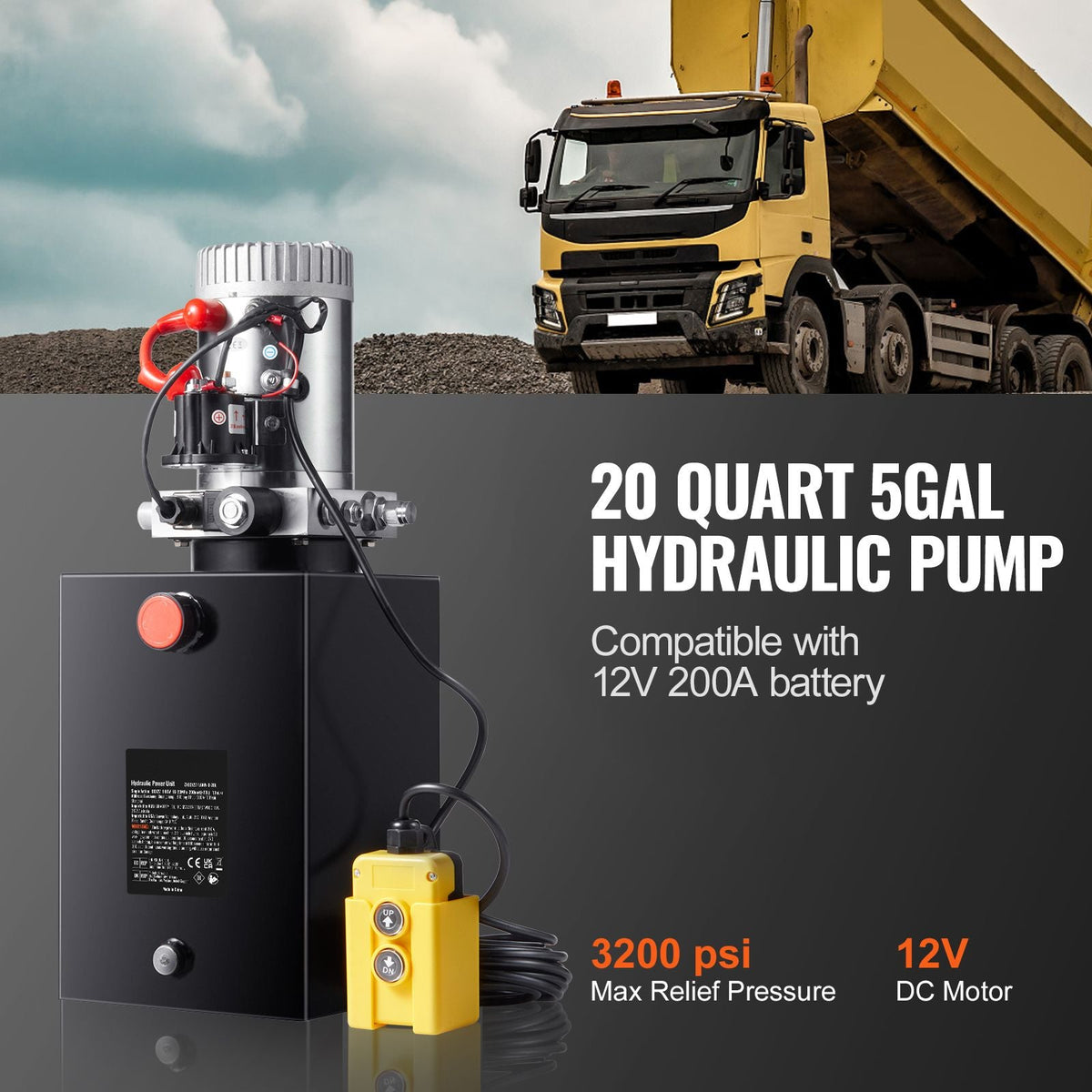 Hydraulic Pump, 20 Quart Hydraulic Power Unit, Single Acting Dump Trailer Pump, 0.91 GPM Flow Rate, 3200 PSI Max Relief Pressure, DC 12V Hydraulic Pump for Dump Trailer Car Lifting
