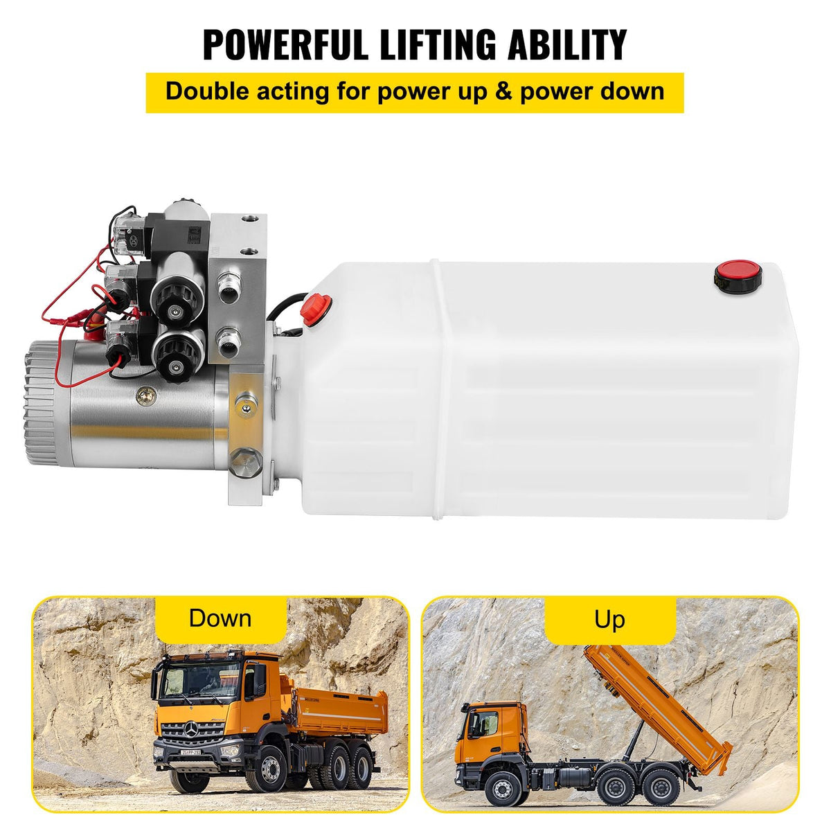 Hydraulic Pump, 8 Quart/2 Gal Double Acting Dump Trailer Pump DC 12V, 3200 PSI Max Relief Pressure, Electric Hydraulic Power Unit for Dump Trailer Car Lifting (with 4pcs SAE #6 Connectors)