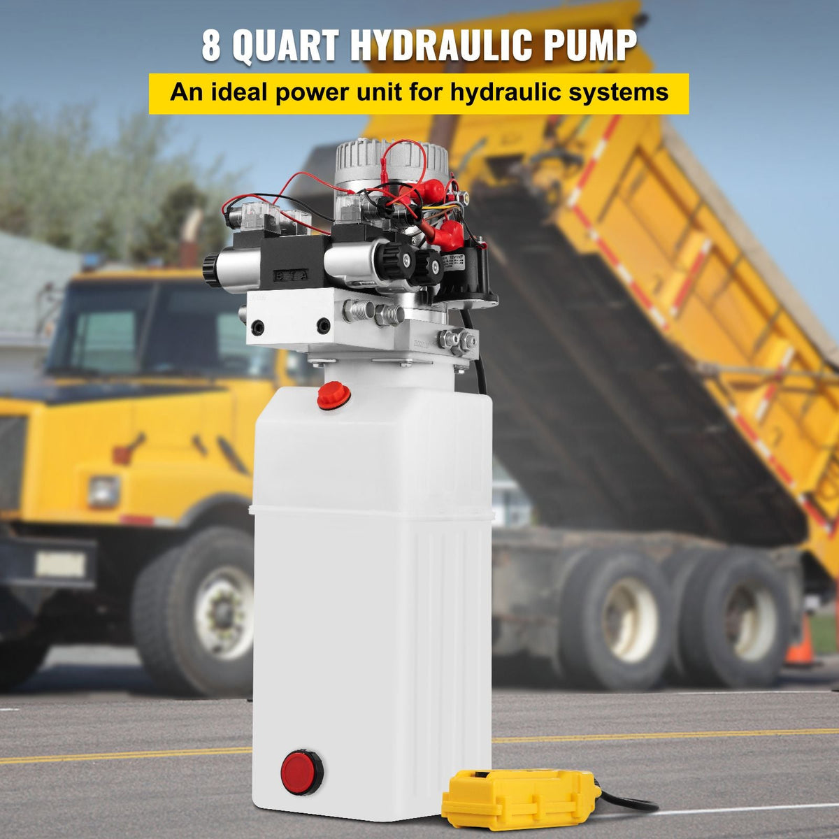 Hydraulic Pump, 8 Quart/2 Gal Double Acting Dump Trailer Pump DC 12V, 3200 PSI Max Relief Pressure, Electric Hydraulic Power Unit for Dump Trailer Car Lifting (with 4pcs SAE #6 Connectors)