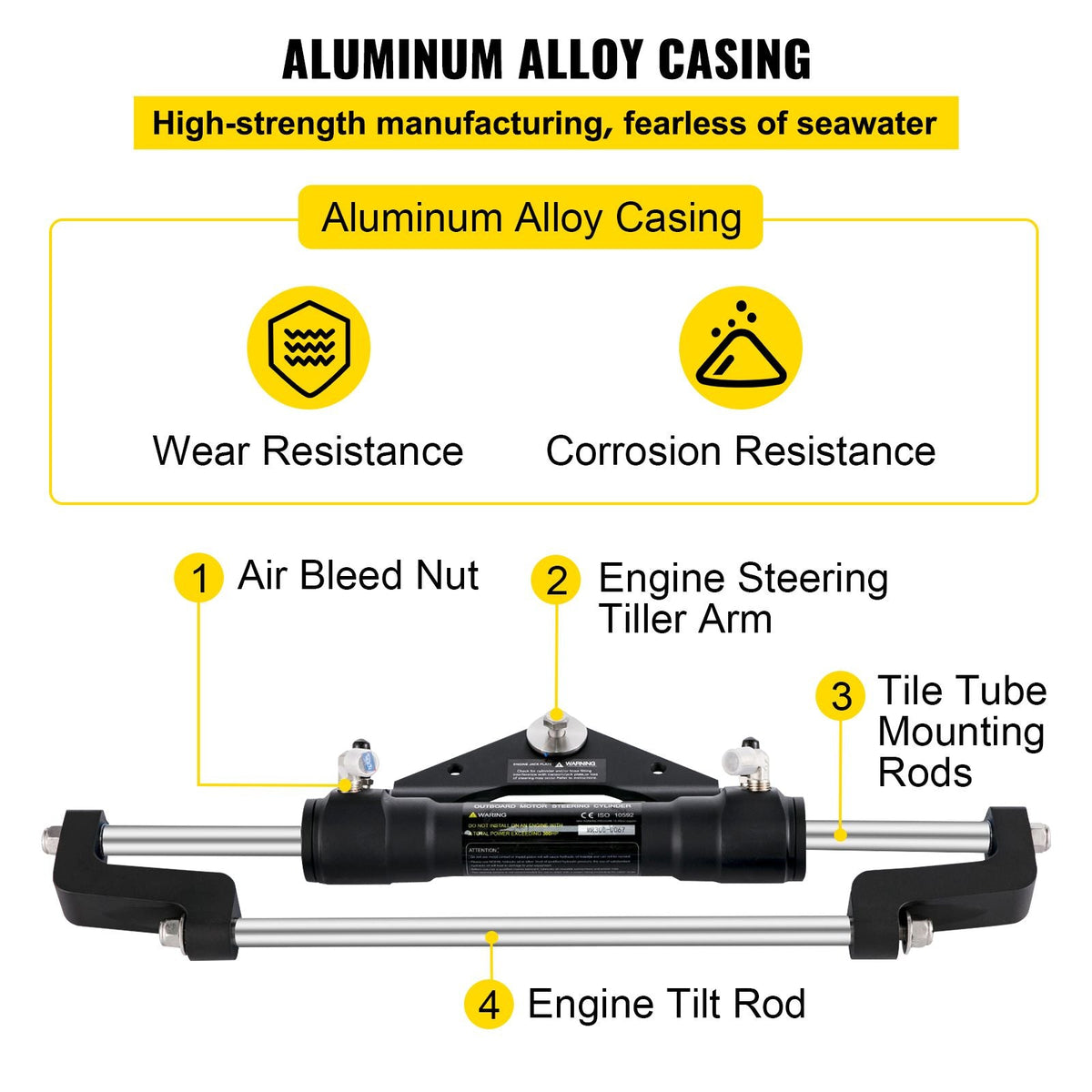 Hydraulic Steering Cylinder 300HP, Hydraulic Steering, Front Mount, Hydraulic Outboard Steering Cylinder for Marine Boat Steering System