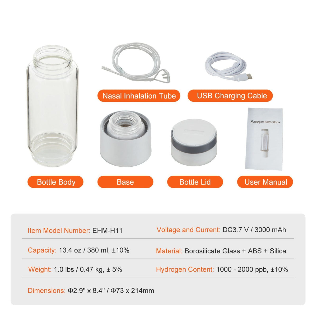 Hydrogen Water Bottle Generator, 380 ml / 13.4 oz Capacity Portable Hydrogen Water Maker, SPE Technology Hydrogen Rich Water Ionizer Machine with Nasal Inhalation Tube and Self-Cleaning