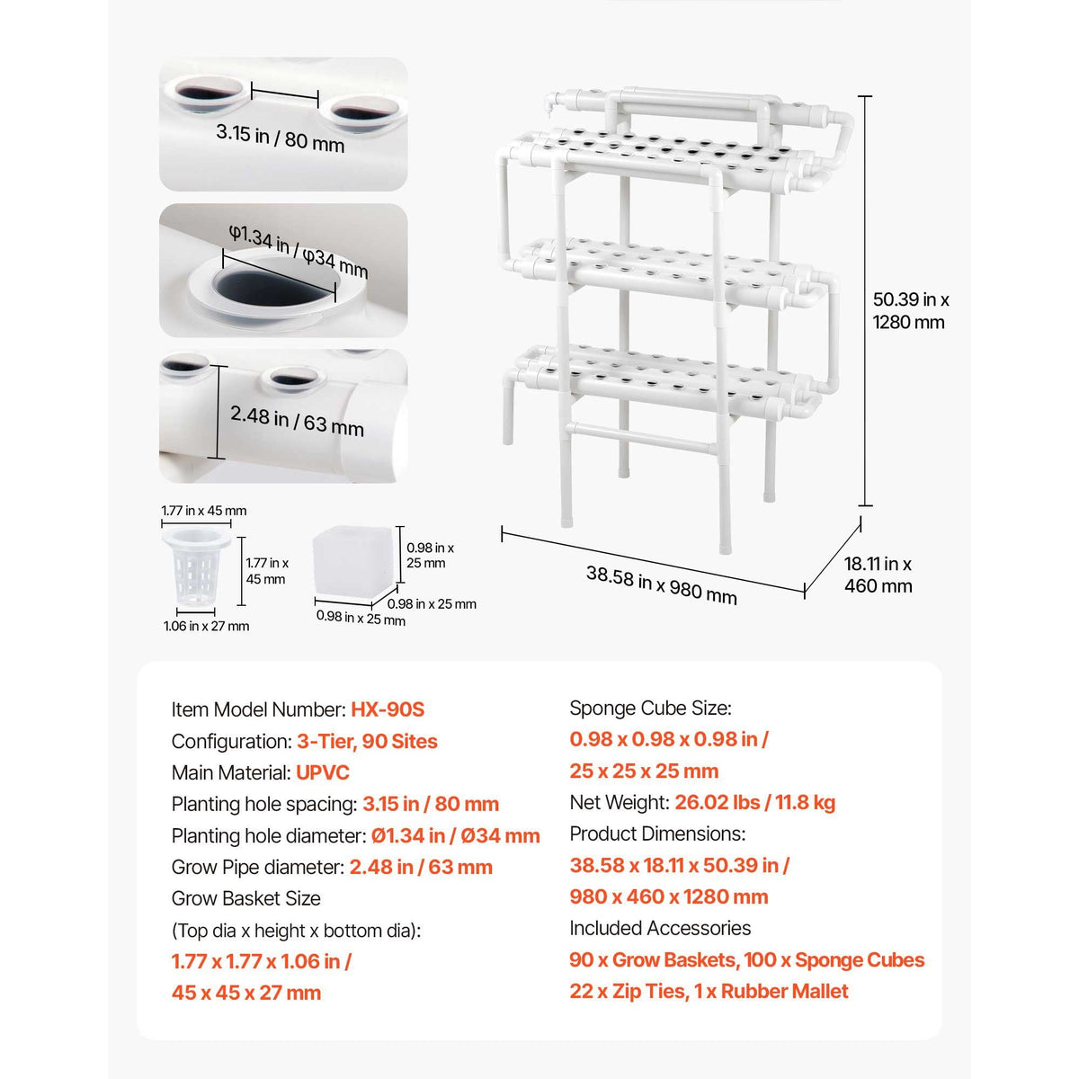 Hydroponics Growing System Kit, 3-Tier 90 Sites UPVC Pipe Hydroponic Grow Kit with Timed Irrigation, Sun & Light Blocking Pipes, Indoor Home Garden Vegetable Planting Grow Kits for Fruit Herb