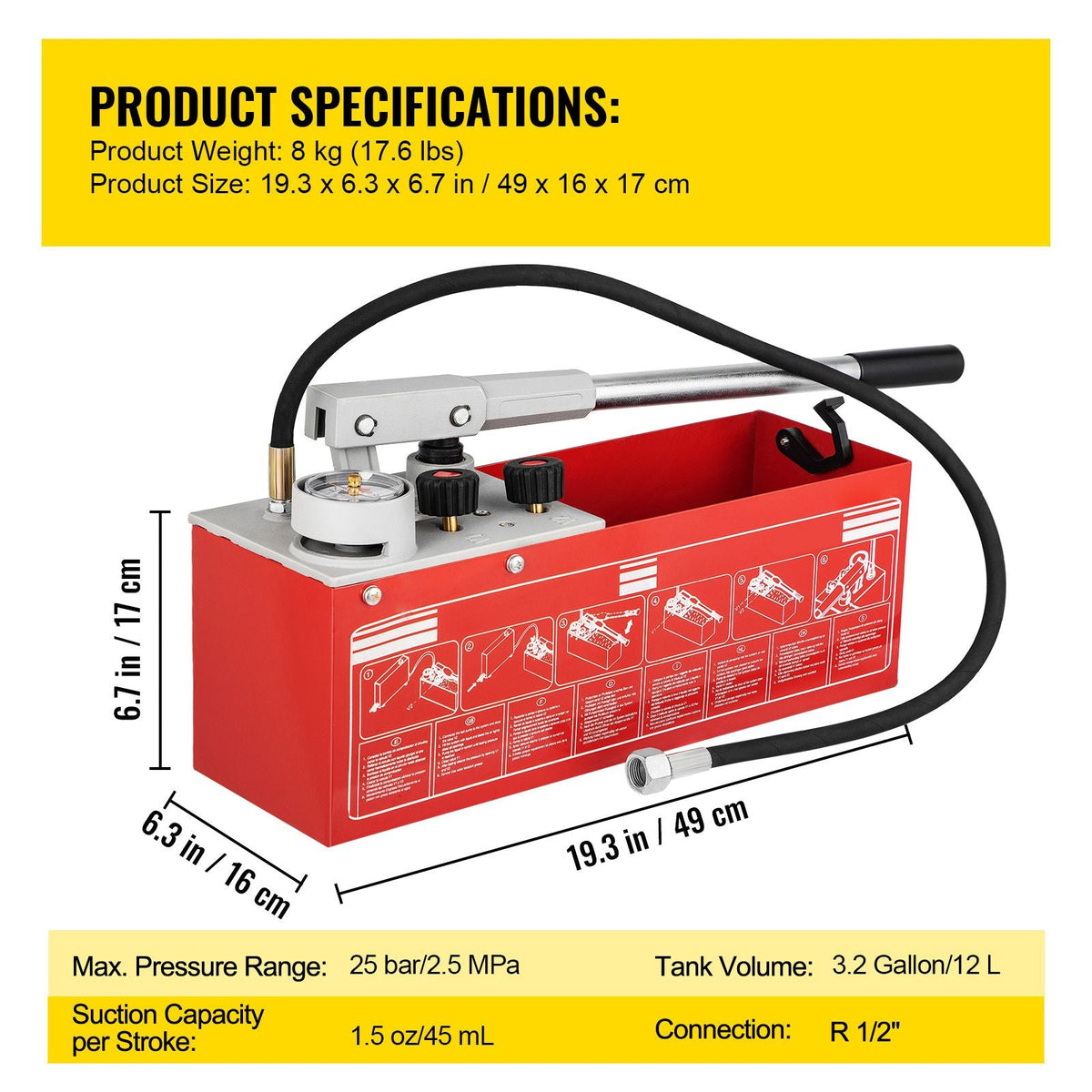 Hydrostatic Pressure Test Pump, Test Up to 25 bar/2.5 MPa, 3.2 Gallon Tank, Hydraulic Manual Water Pressure Tester Kit with Two-Unit Gauge & R 1/2\" Connection, for Pipeline Fluid Pressure Testi