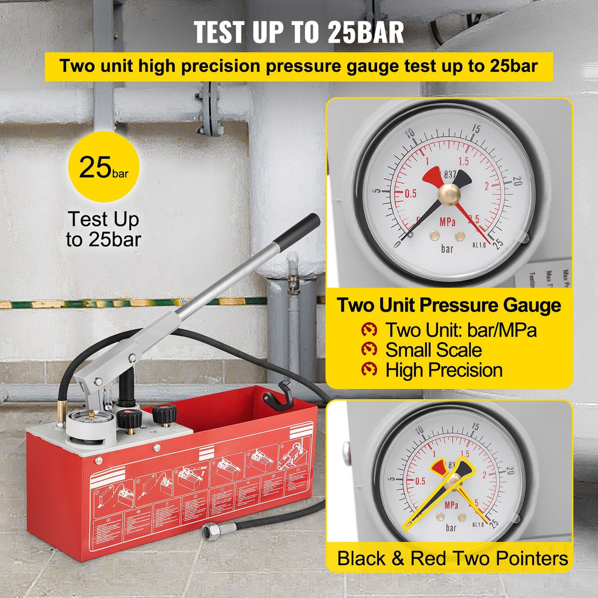 Hydrostatic Pressure Test Pump, Test Up to 25 bar/2.5 MPa, 3.2 Gallon Tank, Hydraulic Manual Water Pressure Tester Kit with Two-Unit Gauge & R 1/2\" Connection, for Pipeline Fluid Pressure Testi