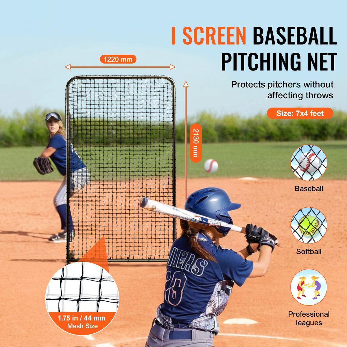 I Screen Baseball for Batting Cage, 7x4 ft Baseball Softball Safety Screen, Body Protector Portable Batting Screen with Carry Bag & Ground Stakes, Heavy Duty Pitching Net for Pitchers Protection