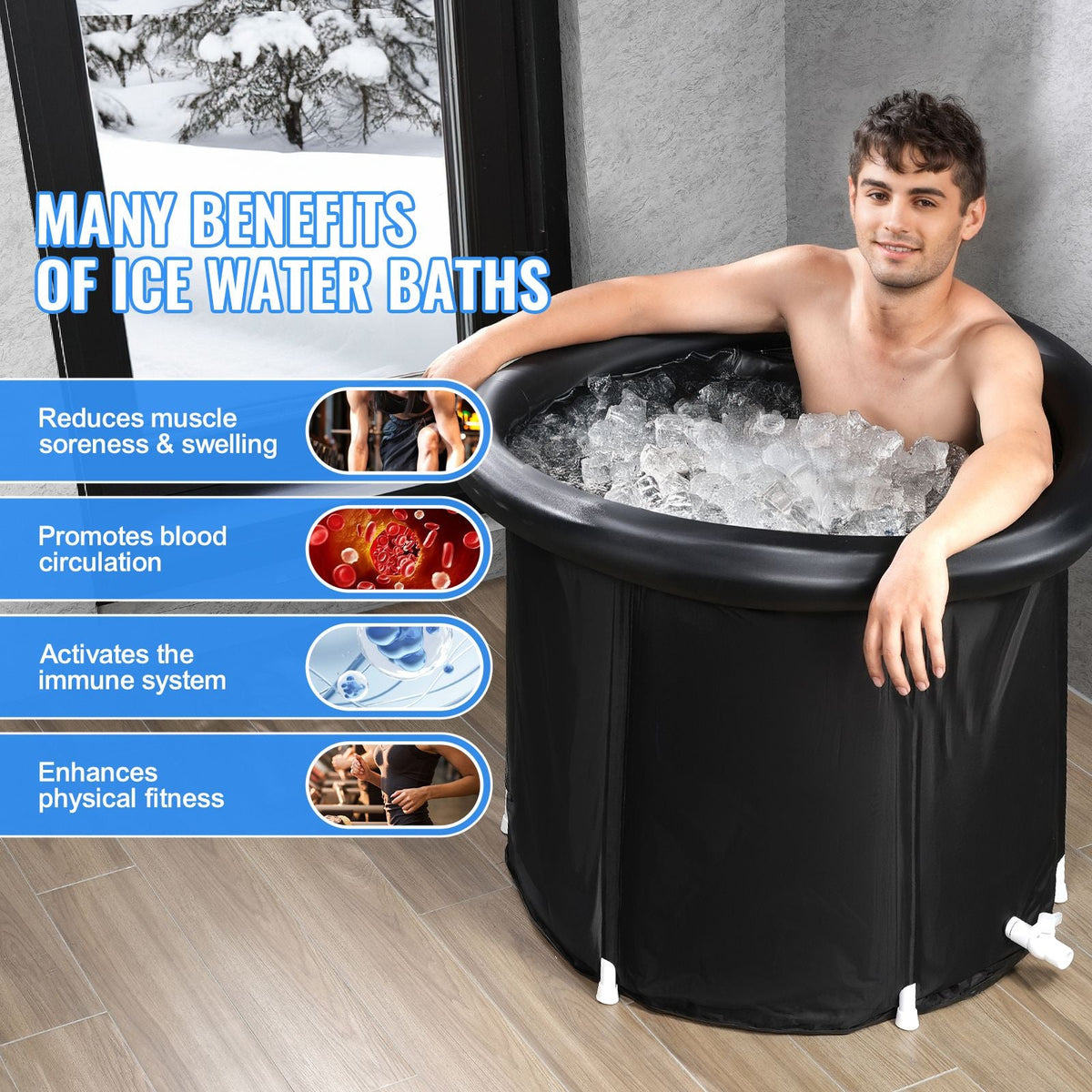 Ice Bath Tub, Cold Water Therapy Plunge Tub for Athlete, Portable Outdoor Ice Barrel Plunge Pool for Recovery, 98 Gal Inflatable Folding Bathtub with Cover, Home Ice Pod for Adult, 35.4"Lx30"H