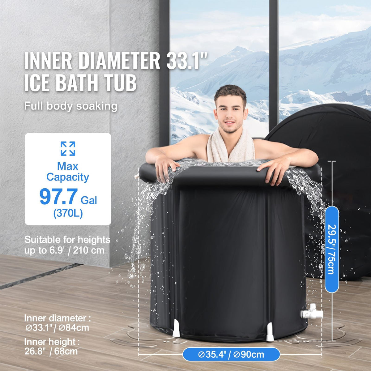 Ice Bath Tub, Cold Water Therapy Plunge Tub for Athlete, Portable Outdoor Ice Barrel Plunge Pool for Recovery, 98 Gal Inflatable Folding Bathtub with Cover, Home Ice Pod for Adult, 35.4"Lx30"H