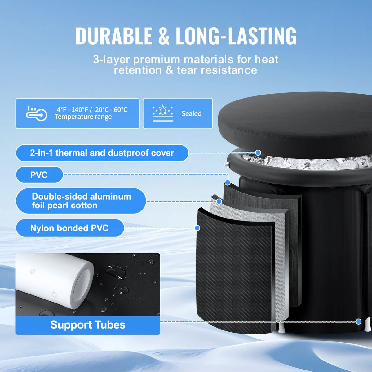 Ice Bath Tub, Cold Water Therapy Plunge Tub for Athlete, Portable Outdoor Ice Barrel Plunge Pool for Recovery, 98 Gal Inflatable Folding Bathtub with Cover, Home Ice Pod for Adult, 35.4"Lx30"H
