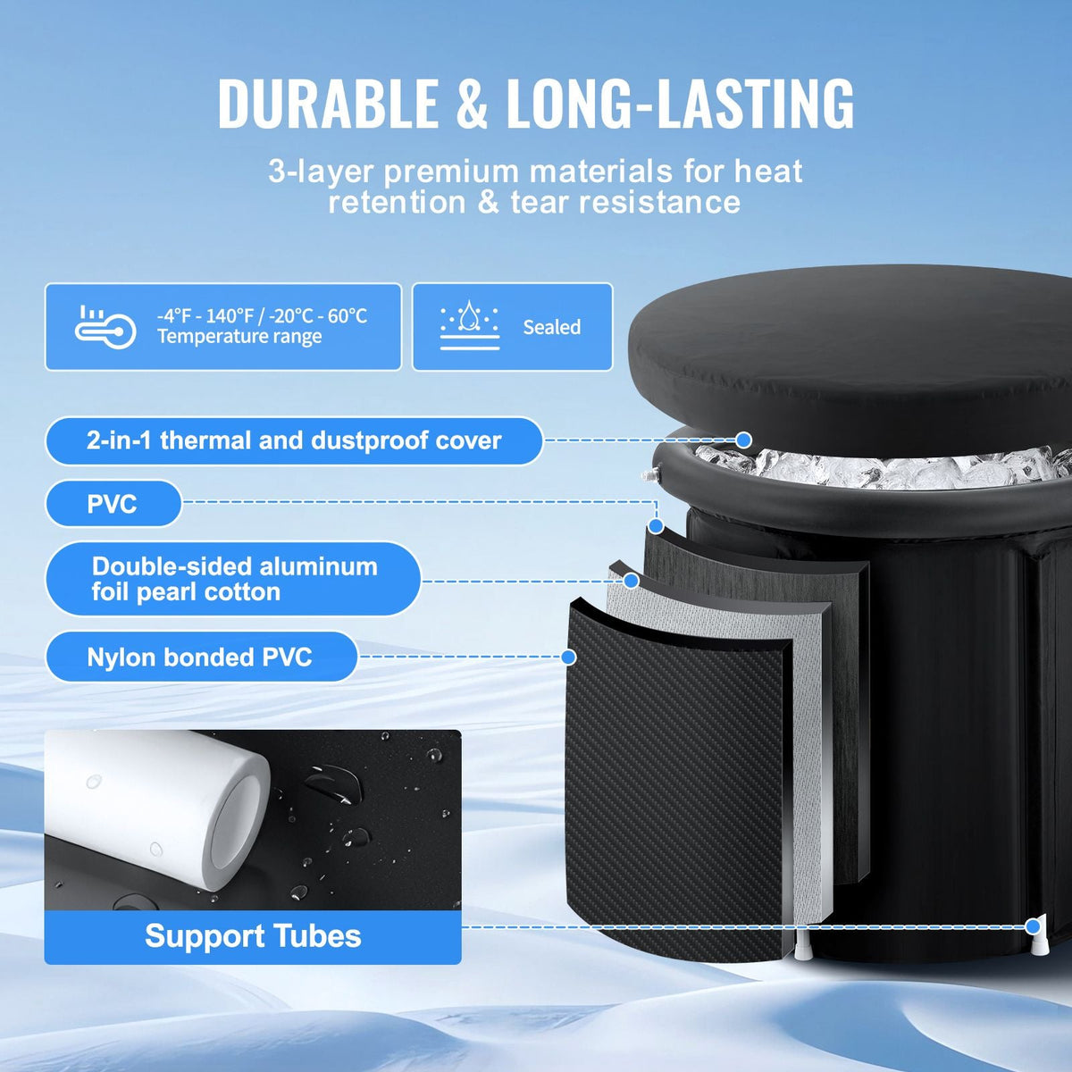 Ice Bath Tub, Cold Water Therapy Plunge Tub for Athletes, Portable Outdoor Ice Barrel Plunge Pool for Recovery, 105 Gal Inflatable Folding Bathtub with Cover, Home Ice Pod for Adult, 34"Lx30"H