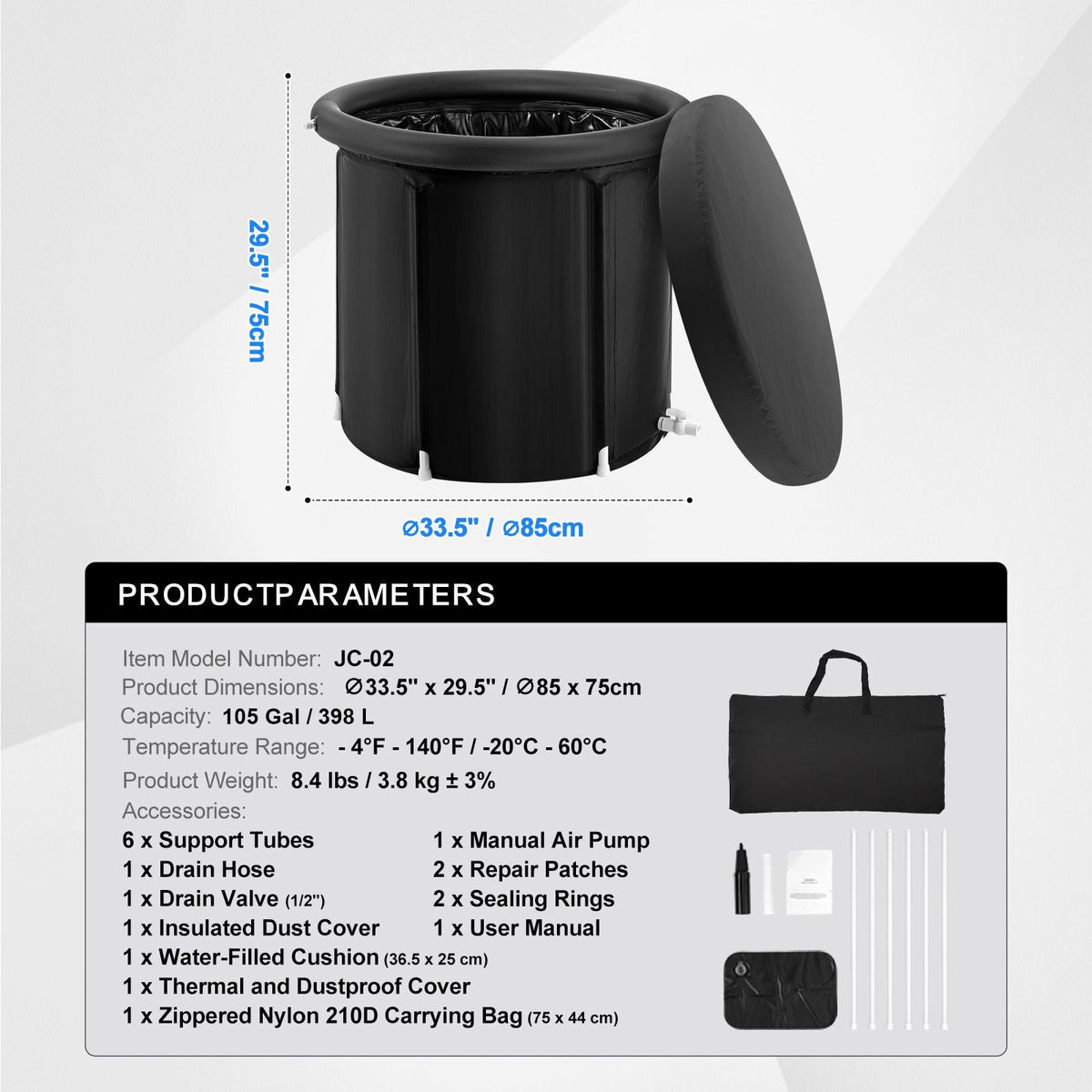 Ice Bath Tub, Cold Water Therapy Plunge Tub for Athletes, Portable Outdoor Ice Barrel Plunge Pool for Recovery, 105 Gal Inflatable Folding Bathtub with Cover, Home Ice Pod for Adult, 34"Lx30"H