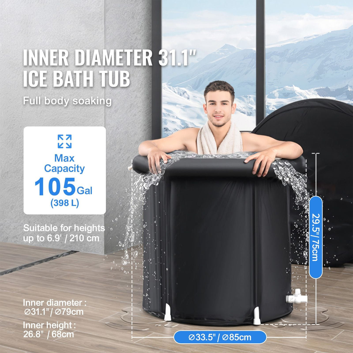 Ice Bath Tub, Cold Water Therapy Plunge Tub for Athletes, Portable Outdoor Ice Barrel Plunge Pool for Recovery, 105 Gal Inflatable Folding Bathtub with Cover, Home Ice Pod for Adult, 34"Lx30"H