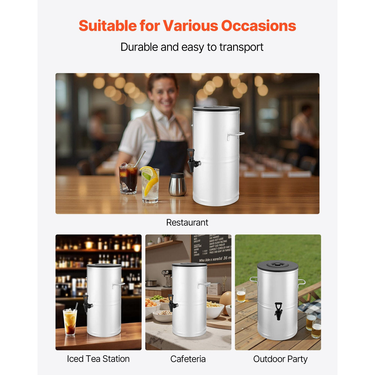Ice Tea Dispenser, 4 Gal/15L 304 Stainless Steel Beverage Dispenser with Spigot & Handle, Suitable for Hot and Cold Drinks, for Iced Tea Coffee Water in Cafes & Restaurants