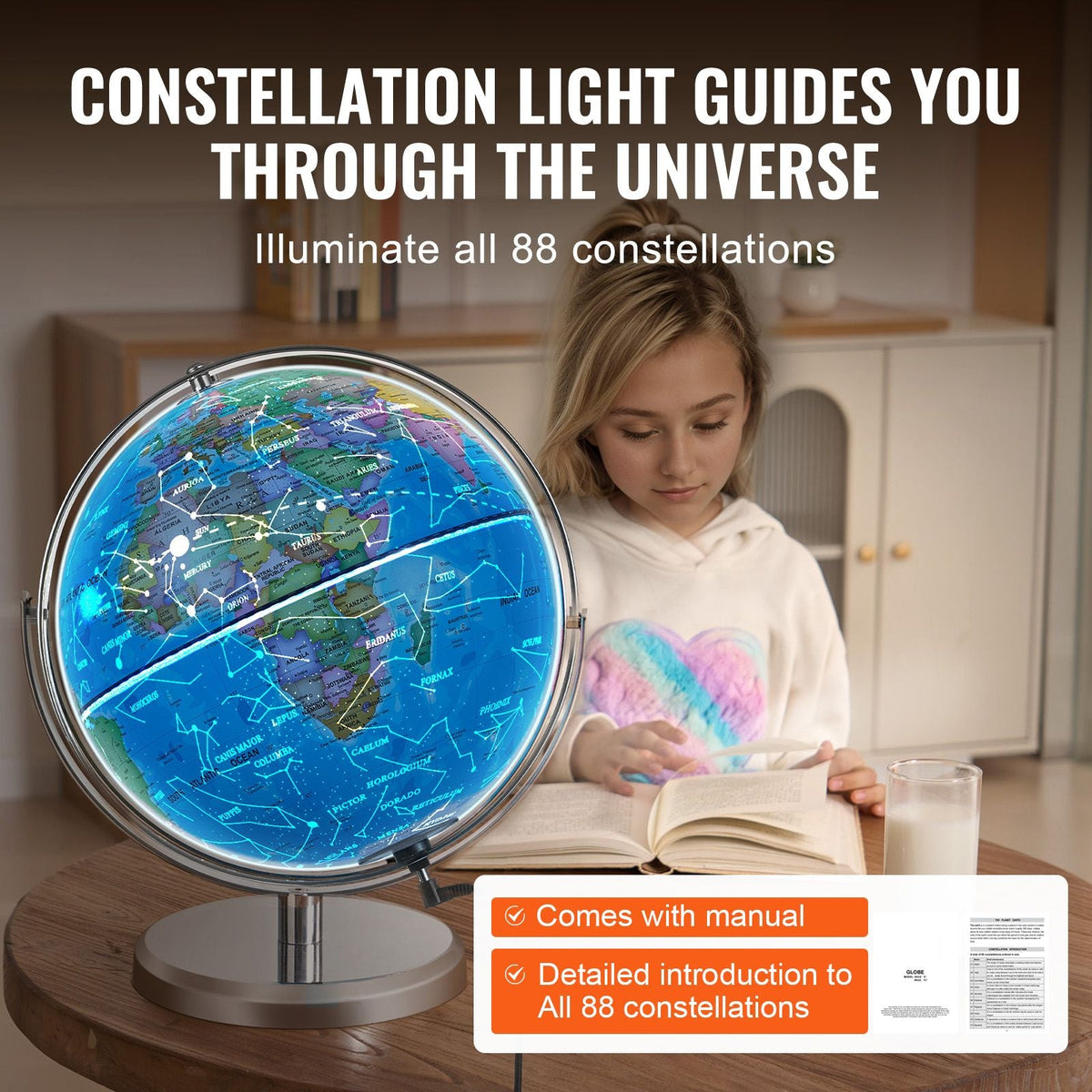 Illuminated World Globe with Stand, 13 in/330.2 mm, Educational Earth Globe with Stable Heavy Metal Base and LED Constellation Night Light HD Printed Map, Spinning for Kids Classroom Learning