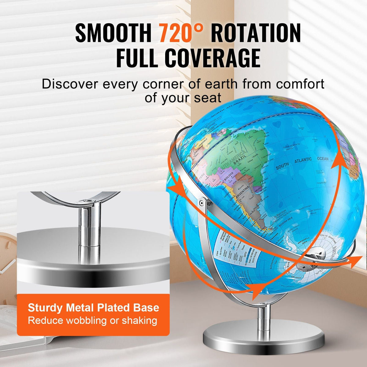 Illuminated World Globe with Stand, 13 in/330.2 mm, Educational Earth Globe with Stable Heavy Metal Base and LED Constellation Night Light HD Printed Map, Spinning for Kids Classroom Learning