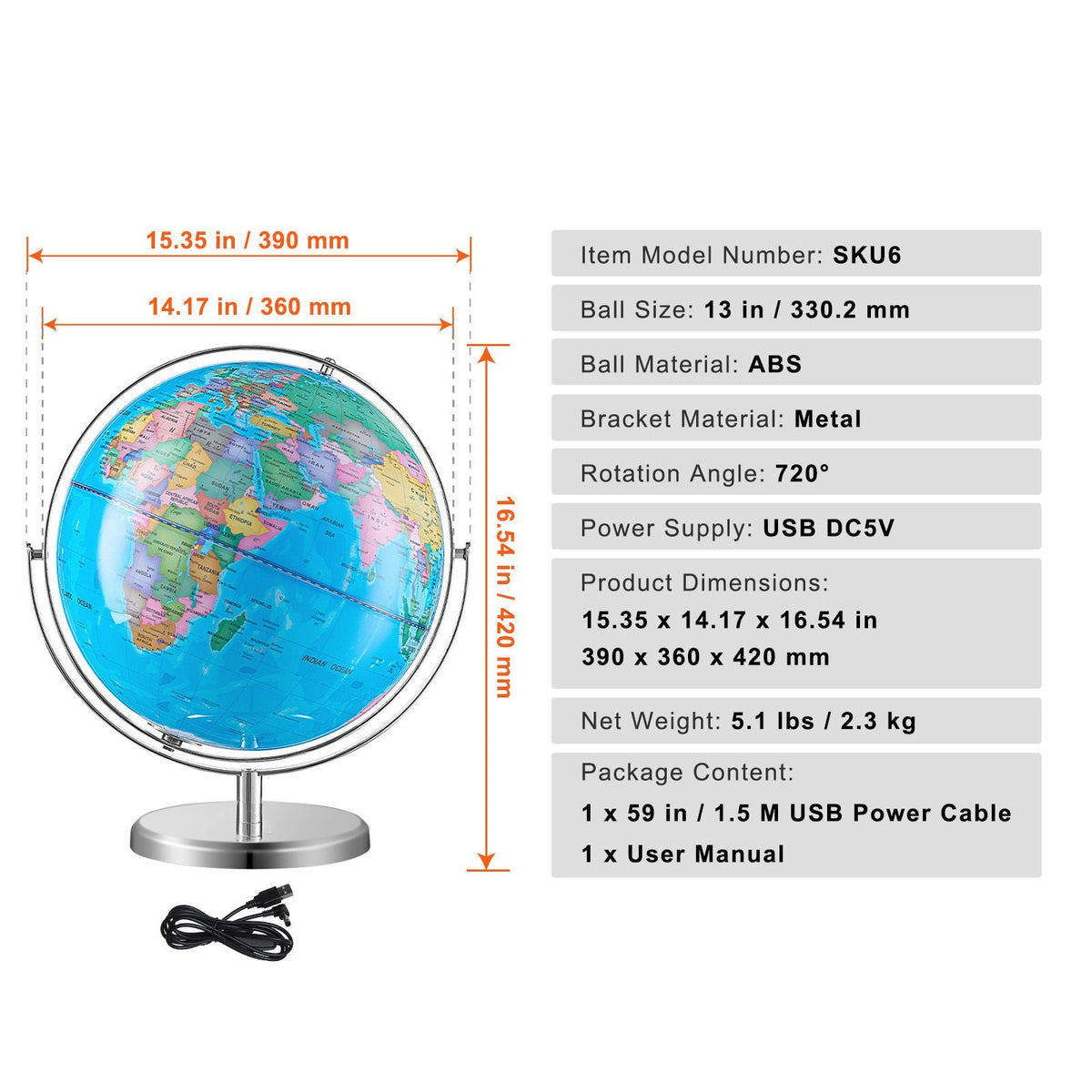 Illuminated World Globe with Stand, 13 in/330.2 mm, Educational Earth Globe with Stable Heavy Metal Base and LED Constellation Night Light HD Printed Map, Spinning for Kids Classroom Learning